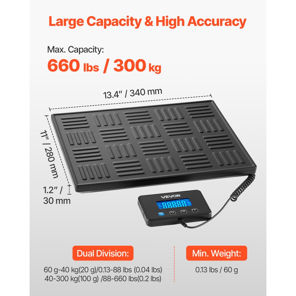 Waga cyfrowa do paczek VEVOR, 20/100 g, podwójna dokładność, waga platformowa 300 kg z funkcją Hold/Tara i wyświetlaczem LCD, do paczek, przesyłek pocztowych, bagażu, w zestawie bateria i kabel ładujący