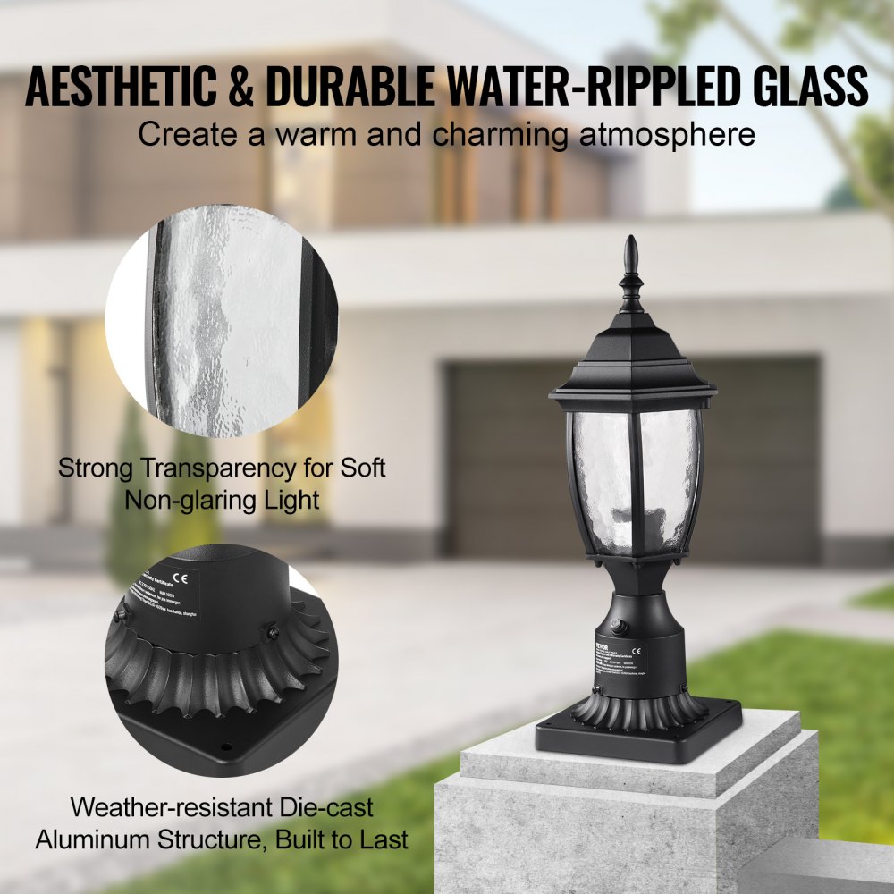VEVOR Outdoor Post Light from Dusk to Dawn, 400 mm High, Waterproof Lantern Post Light with 3.5 Inch Glass Shade on the Column Mount, Lightning-Proof Outdoor Pole Column Light for Patios and Garden Paths