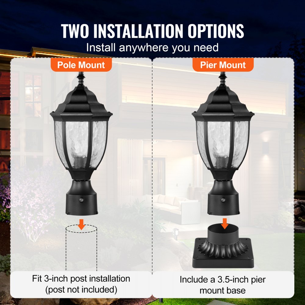 VEVOR 2-pak zewnętrznych lamp słupkowych Dusk-to-Dawn, 390 mm, wodoodporna lampa słupkowa z 3,5-calowym szklanym kloszem na uchwycie słupowym, odporna na pioruny zewnętrzna lampa słupkowa do patio i ścieżek ogrodowych