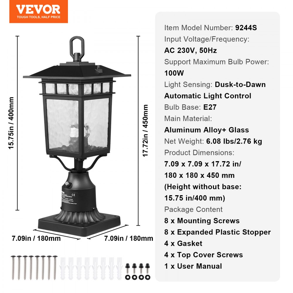 VEVOR 2-pak zewnętrznych lamp słupkowych Dusk-to-Dawn, 400 mm wodoodpornych lamp słupkowych z 3,5-calowym szklanym kloszem na uchwycie słupowym, odporny na pioruny, zewnętrzny słup oświetleniowy na patio i ścieżkę ogrodową