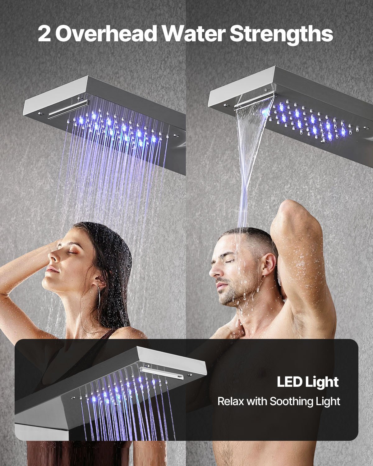 System prysznicowy VEVOR z panelem prysznicowym (5 trybów) z deszczownicą i diodami LED, kolumna prysznicowa ze szczotkowanej stali nierdzewnej (1345 mm), ścienny system masażu deszczownicą, z prysznicem ręcznym i wylewką wannową