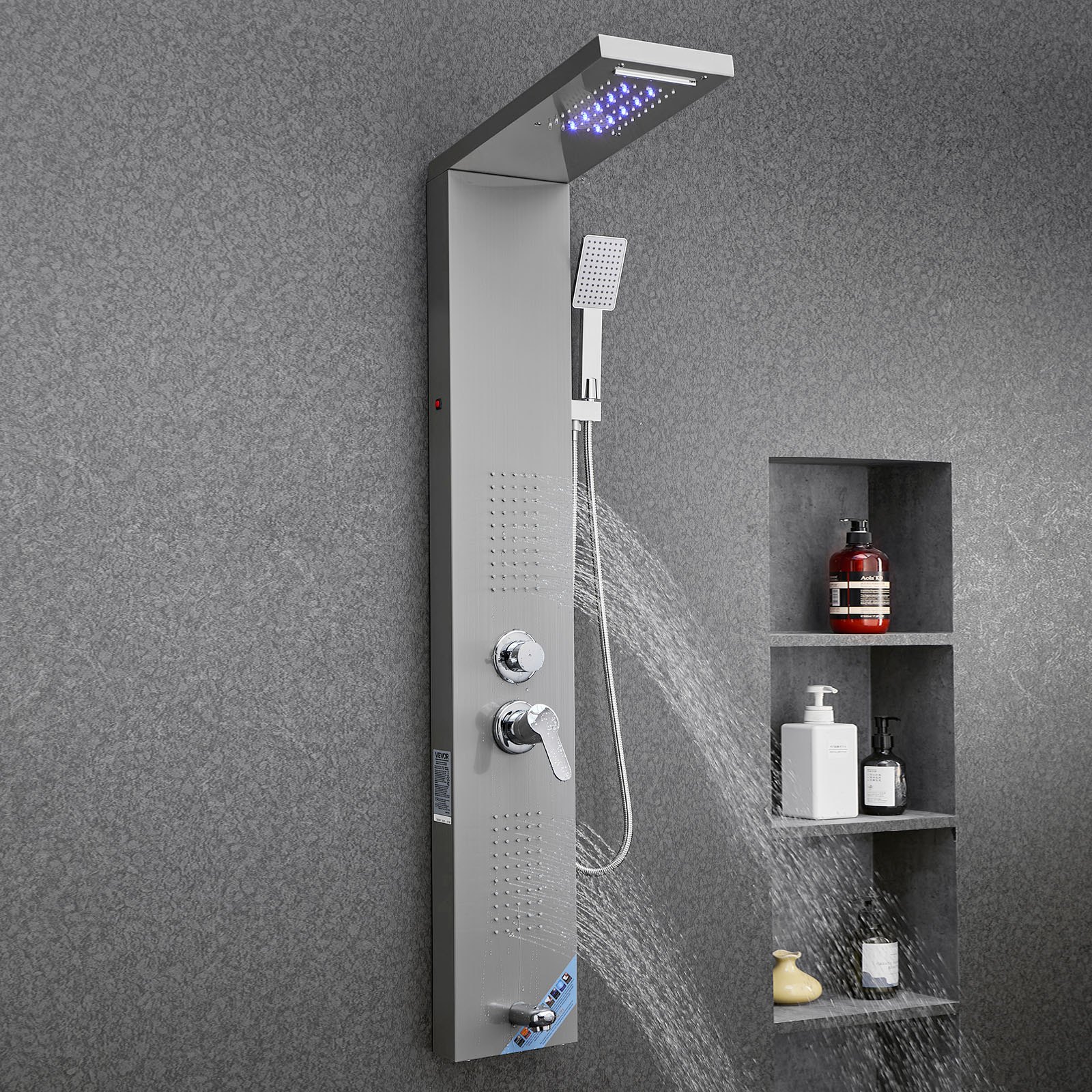 System prysznicowy VEVOR z panelem prysznicowym (5 trybów) z deszczownicą i diodami LED, kolumna prysznicowa ze szczotkowanej stali nierdzewnej (1345 mm), ścienny system masażu deszczownicą, z prysznicem ręcznym i wylewką wannową
