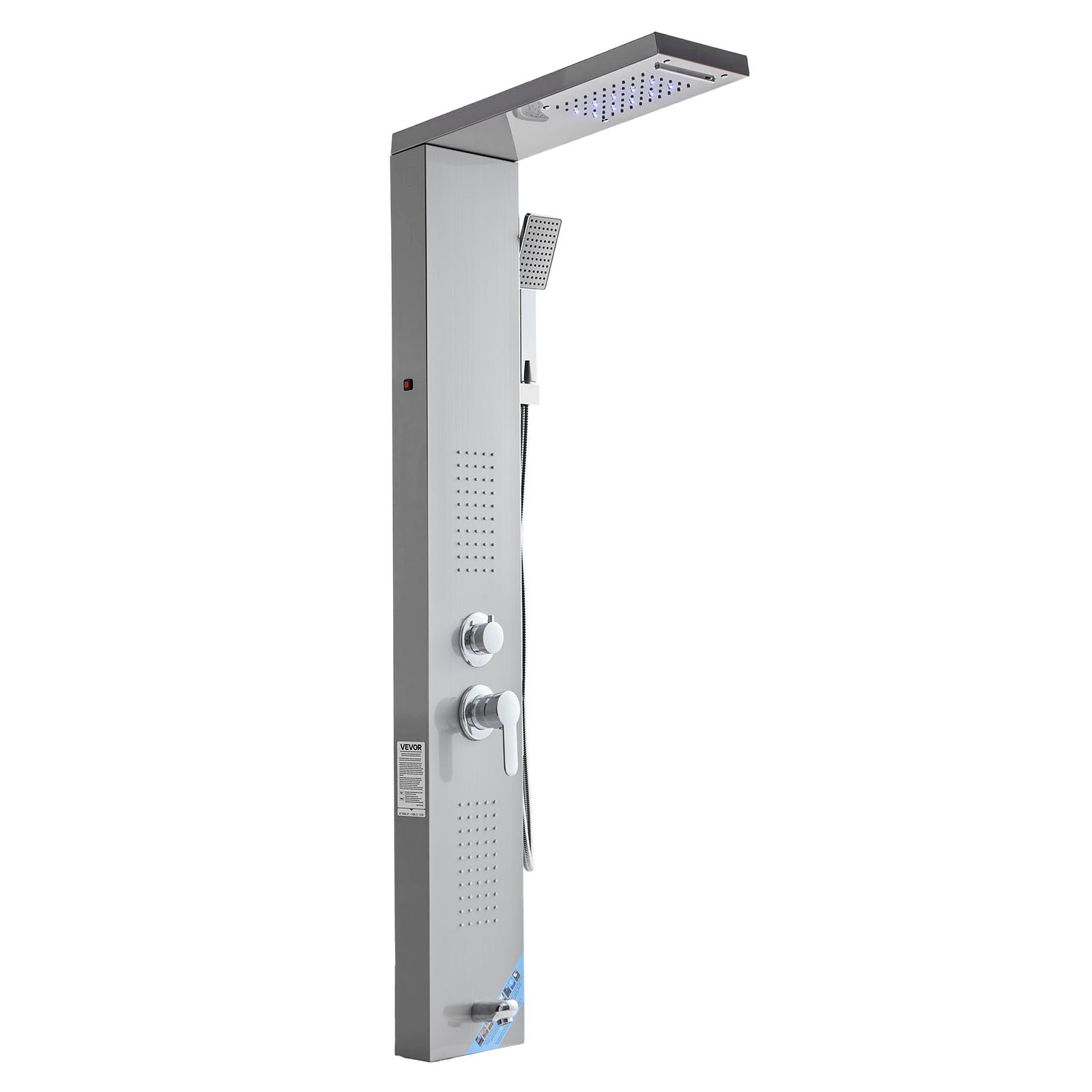 System prysznicowy VEVOR z panelem prysznicowym (5 trybów) z deszczownicą i diodami LED, kolumna prysznicowa ze szczotkowanej stali nierdzewnej (1345 mm), ścienny system masażu deszczownicą, z prysznicem ręcznym i wylewką wannową