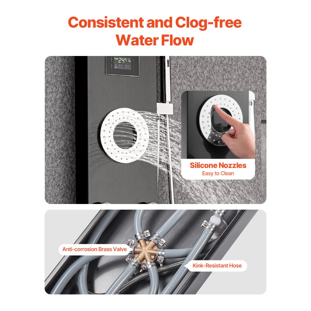 System prysznicowy VEVOR z panelem prysznicowym (6 w 1) z deszczownicą i diodami LED, kolumna prysznicowa ze szczotkowanej stali nierdzewnej (1345 mm), montowany na ścianie system masażu deszczem, z 5 dyszami do masażu ciała (4 małe + 1 duża)