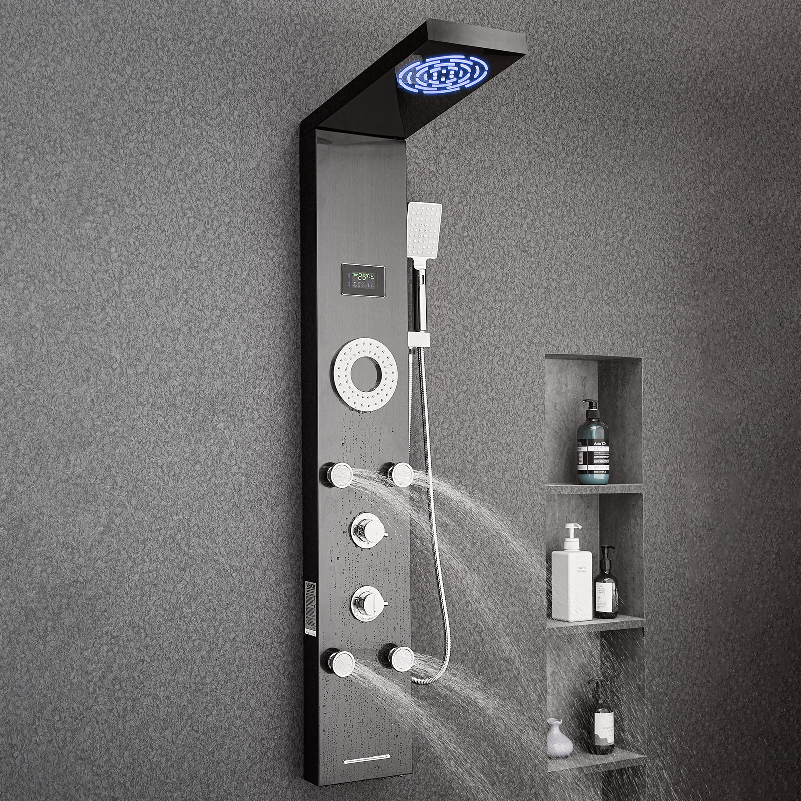 System prysznicowy VEVOR z panelem prysznicowym (6 w 1) z deszczownicą i diodami LED, kolumna prysznicowa ze szczotkowanej stali nierdzewnej (1345 mm), montowany na ścianie system masażu deszczem, z 5 dyszami do masażu ciała (4 małe + 1 duża)