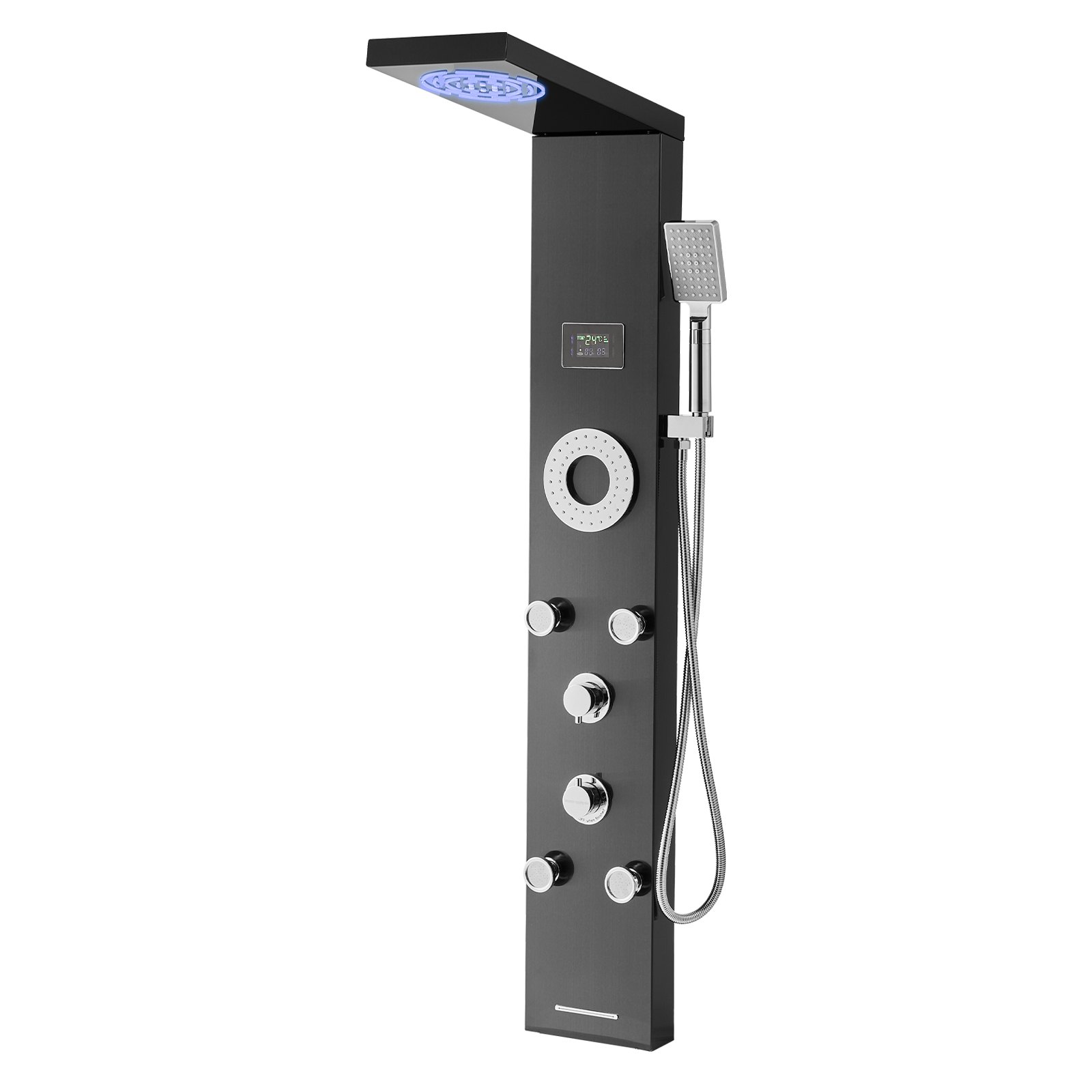 System prysznicowy VEVOR z panelem prysznicowym (6 w 1) z deszczownicą i diodami LED, kolumna prysznicowa ze szczotkowanej stali nierdzewnej (1345 mm), montowany na ścianie system masażu deszczem, z 5 dyszami do masażu ciała (4 małe + 1 duża)