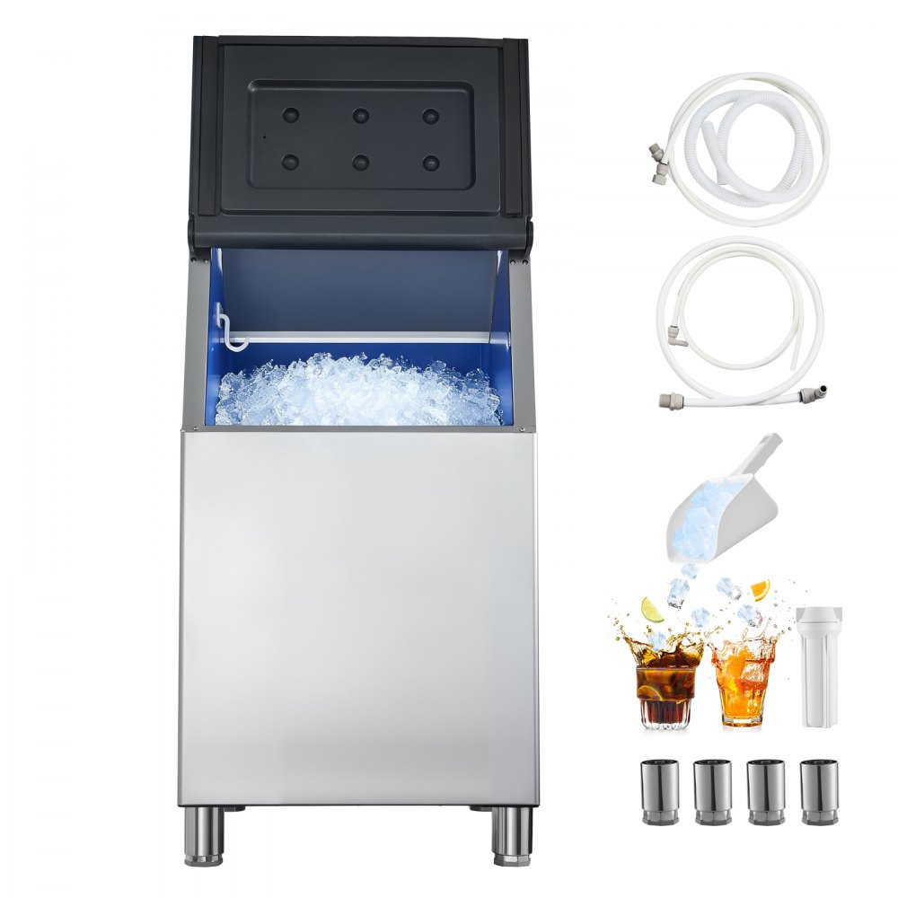 Pojemnik na lód VEVOR do komercyjnych kostkarek do lodu (pojemność 136 kg), pojemnik ze stali nierdzewnej z gumowymi nóżkami o regulowanej wysokości, do restauracji (tylko pojemnik)