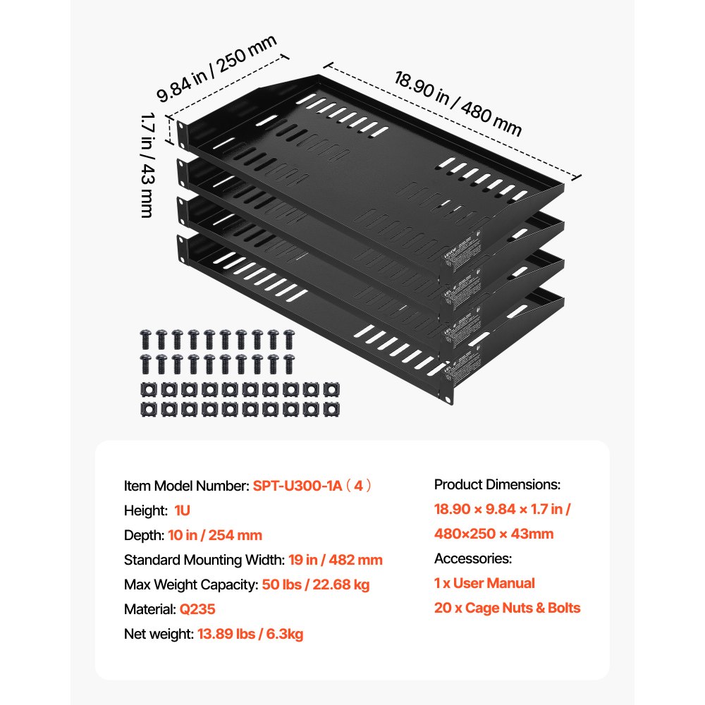 VEVOR 1U Server Rack Shelf, 4 PCS, 22.68 kg Max Load-Bearing Vented Cantilever, Wall Mount or Rack Mount Shelf with Tray, 254 mm Depth, Good Air Circulation for Cabinet Computer Network Equipment