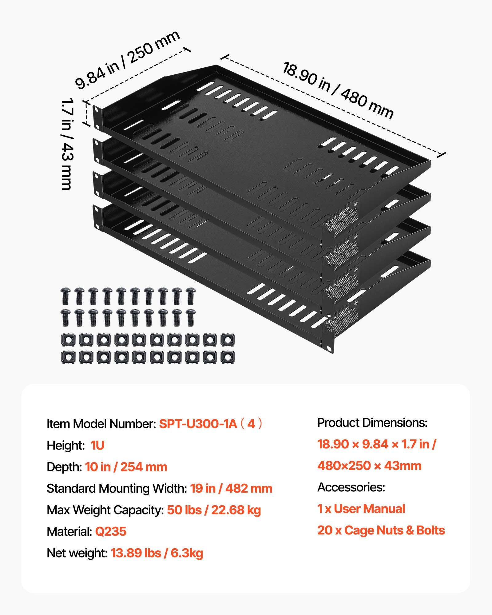 Półka serwerowa VEVOR 1U, zestaw 4 szt., 22,68 kg, wentylowana, wspornikowa, do montażu na ścianie lub w szafie, z półką, głębokość 254 mm, dobra cyrkulacja powietrza dla sprzętu komputerowego w szafie 482 mm