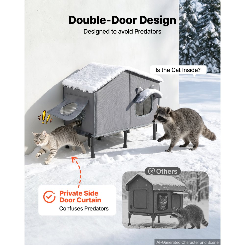 Domek dla kota VEVOR 34 W, jaskinia dla kota z matą grzewczą, 600 x 310 x 580 mm, ocieplony, meble ogrodowe dla kotów, odporne na zimę, miejsce dla 2-3 kotów, z podwyższonym stojakiem, podwójnymi drzwiami i zasłoną zapewniającą prywatność, 35–45 °C