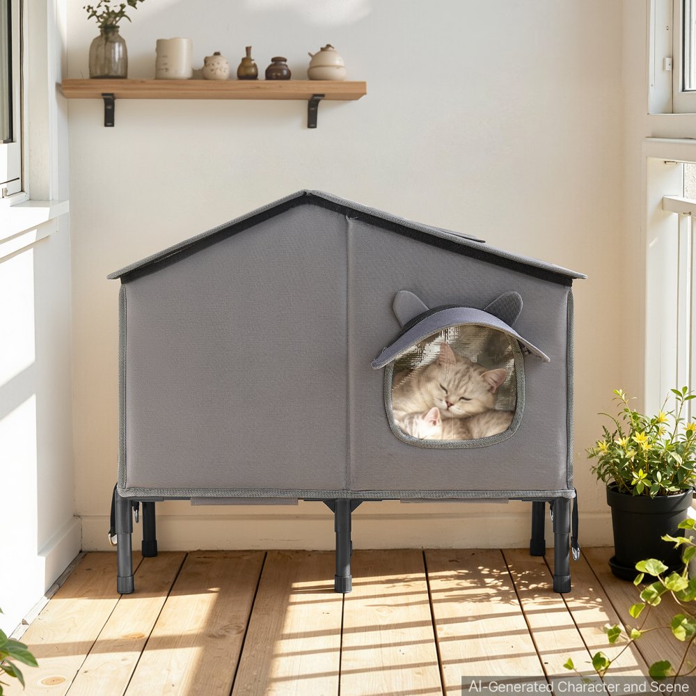 Domek dla kota VEVOR 34 W, jaskinia dla kota z matą grzewczą, 600 x 310 x 580 mm, ocieplony, meble ogrodowe dla kotów, odporne na zimę, miejsce dla 2-3 kotów, z podwyższonym stojakiem, podwójnymi drzwiami i zasłoną zapewniającą prywatność, 35–45 °C