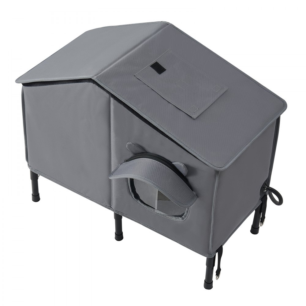 Domek dla kota VEVOR 34 W, jaskinia dla kota z matą grzewczą, 600 x 310 x 580 mm, ocieplony, meble ogrodowe dla kotów, odporne na zimę, miejsce dla 2-3 kotów, z podwyższonym stojakiem, podwójnymi drzwiami i zasłoną zapewniającą prywatność, 35–45 °C