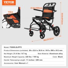 VEVOR wózek inwalidzki transportowy wózek inwalidzki podróżny wózek inwalidzki składany 915x580x912mm 100kg