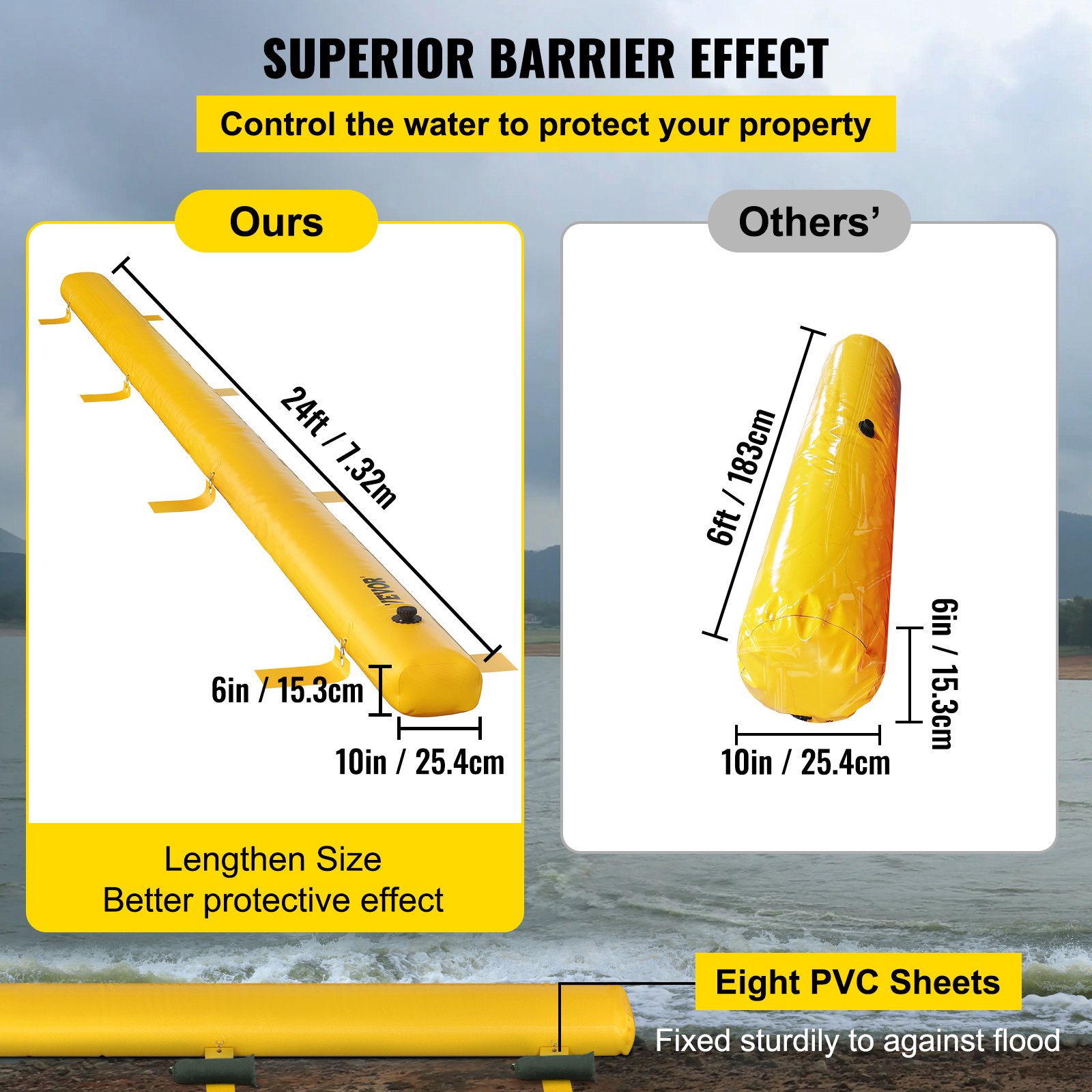 VEVOR Bariera przeciwpowodziowa 290 l, ochrona przeciwpowodziowa, worki z piaskiem silosowym 300 kg, 7,32 m x 25,4 cm x 15,3 cm, ochrona przed powodzią i wodoodporność, bariera wodna z materiału PVC, gotowość na kryzysy i możliwość ponownego użycia