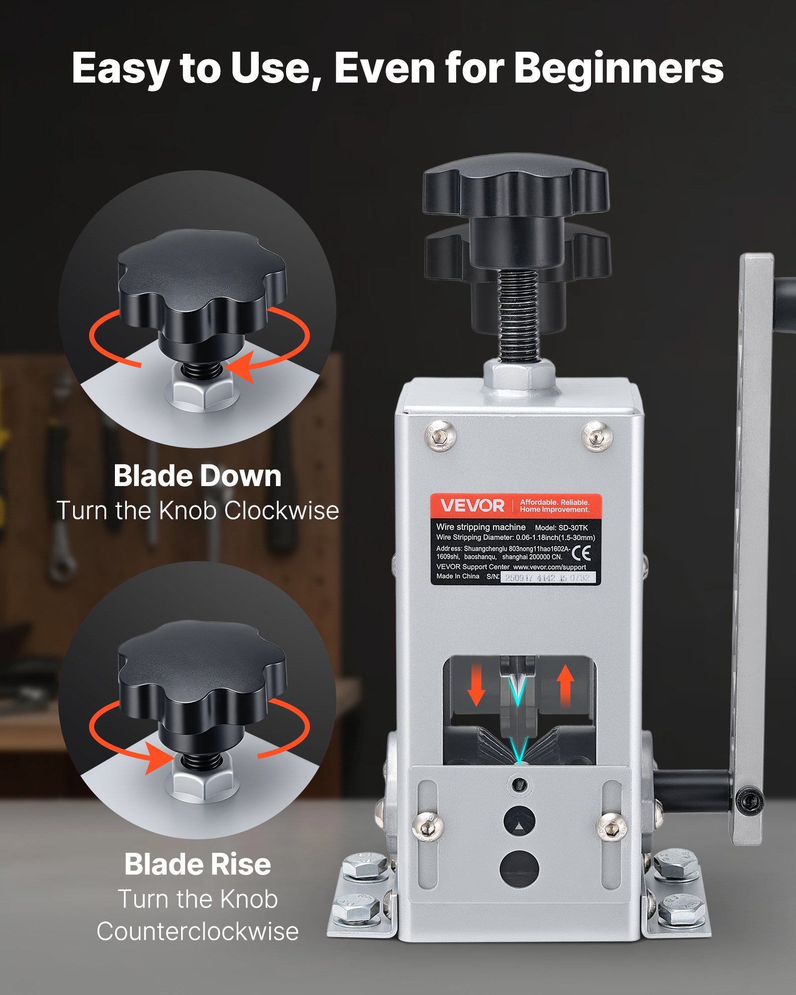 Maszyna do ściągania izolacji z przewodów VEVOR, 1,5-30 mm, maszyna do ściągania izolacji z kabli, obsługa korbą ręczną/wiertarką, narzędzie do ściągania izolacji z ramą Q235, ściągacz izolacji z kabli, ręczna maszyna do ściągania izolacji z kabli ze złomu miedzianego