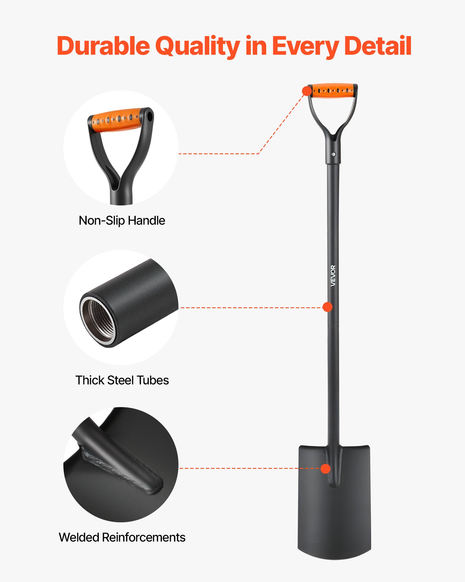 VEVOR Square Shovel, 122 cm Heavy-Duty Flat Shovel, Transfer Shovels with Alloy Steel Blade and Non-Slip D-Handle, Detachable and Easy Storage, for Gardening, Construction, Digging & Snow Shoveling