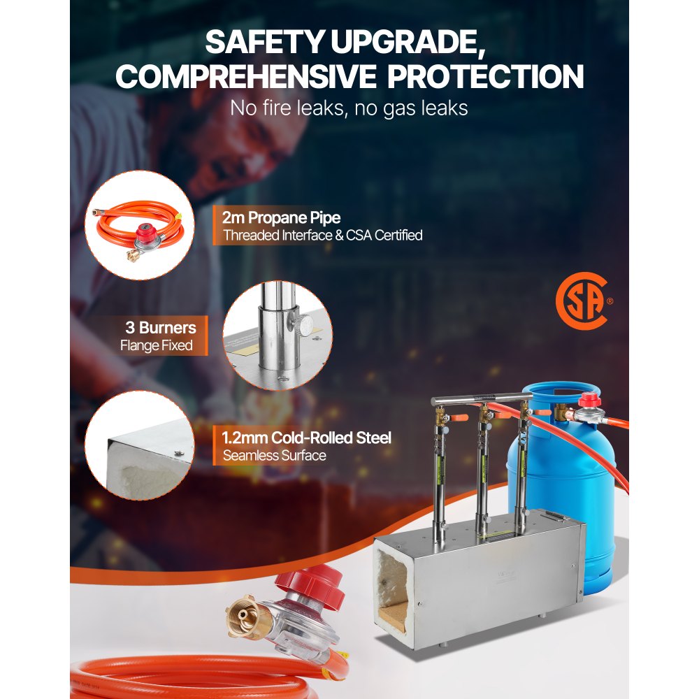 Przenośna kuźnia gazowa VEVOR na propan z 3 palnikami, 1427 °C, kwadratowy piec kowalsko-kowalski, stal nierdzewna, narzędzia i urządzenia do kucia gazowego, piec do topienia metali