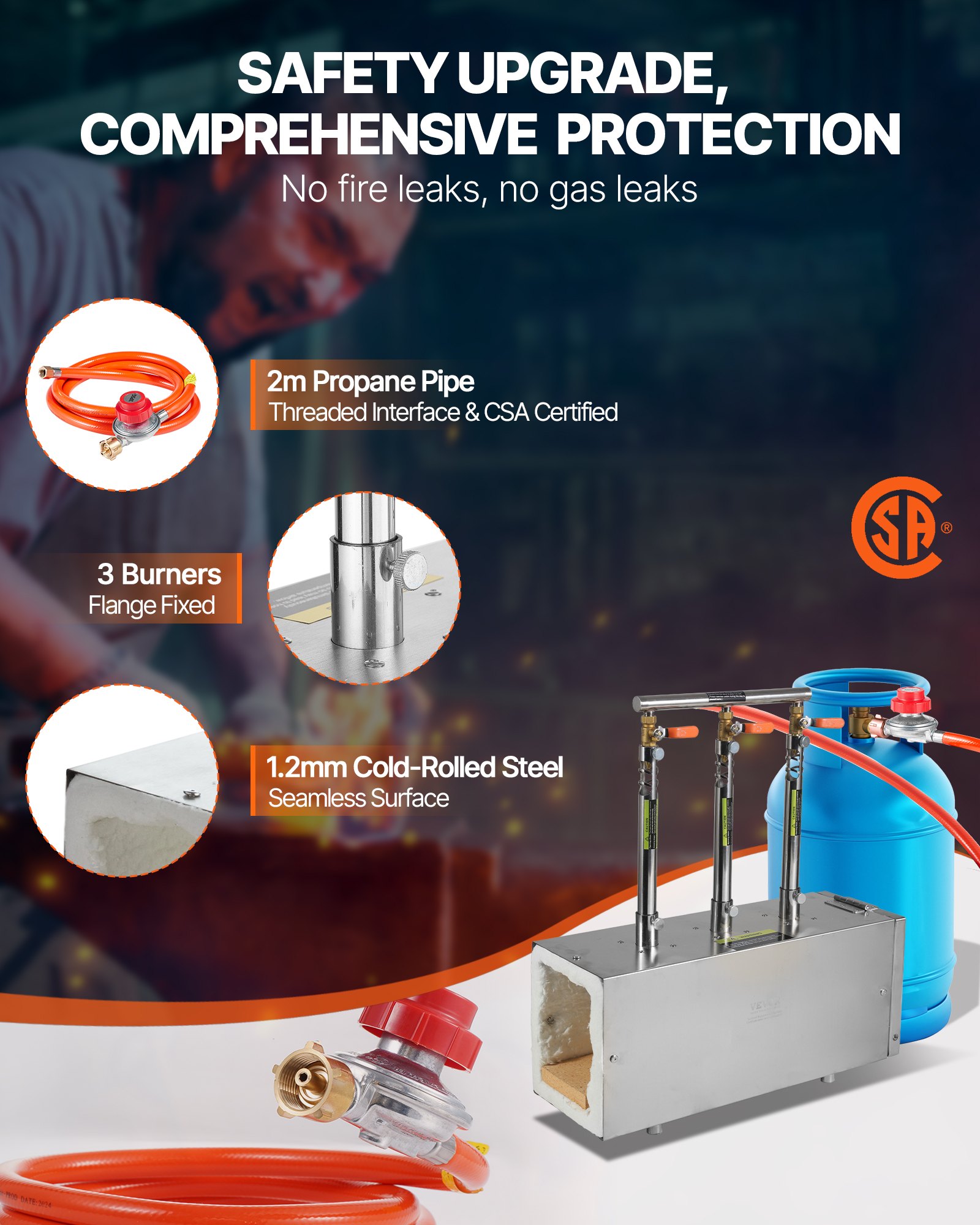 Przenośna kuźnia gazowa VEVOR na propan z 3 palnikami, 1427 °C, kwadratowy piec kowalsko-kowalski, stal nierdzewna, narzędzia i urządzenia do kucia gazowego, piec do topienia metali