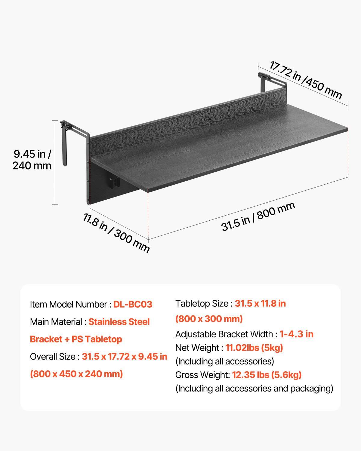 Stół balkonowy VEVOR, 800x300 mm, składany stół balkonowy wiszący, stół składany do użytku na zewnątrz, udźwig 22 kg, pasuje do balustrad o szerokości od 2,54 do 15 cm, stół do serwowania na patio i taras