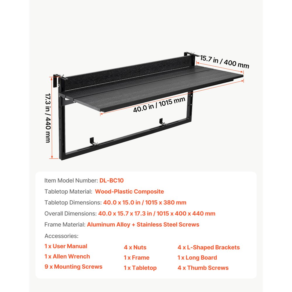 VEVOR Stół wiszący balkonowy 1015x380 mm Stół składany 27 kg Stół wiszący Stół balkonowy, na taras, balkon, do balustrad o średnicy 0–90 mm, z regulacją wysokości, z kompozytu drewna i tworzywa sztucznego