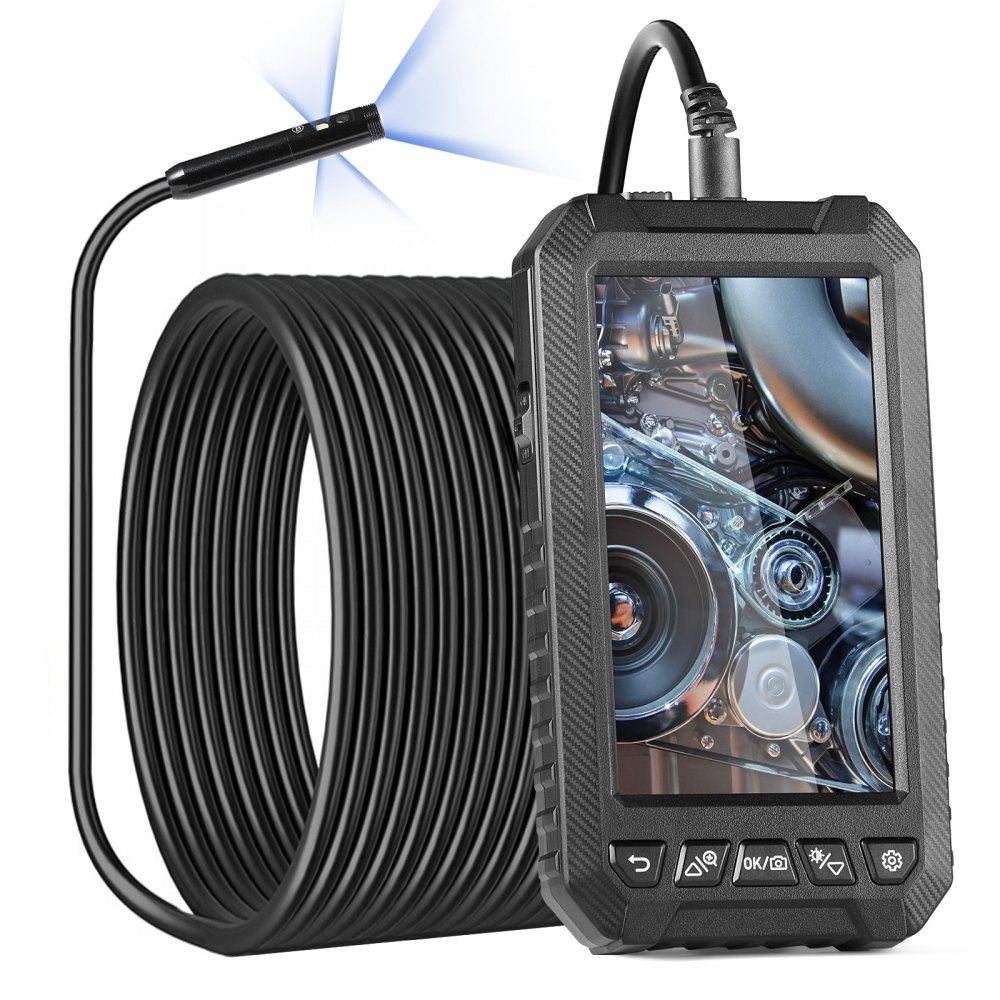 Kamera endoskopowa VEVOR z oświetleniem, potrójny obiektyw, boroskop z półsztywnym kablem 15 m, ekran 12,7 cm, kamera inspekcyjna 1080P, 8+2 diody LED, wodoodporna kamera typu Snake (IP67) do samochodu, hydraulika (karta 32 GB)