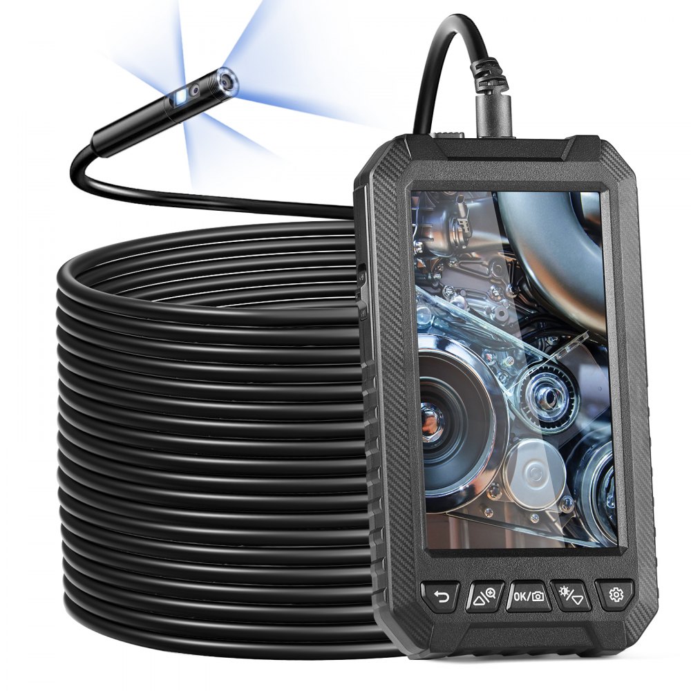 Kamera endoskopowa VEVOR z oświetleniem, potrójny obiektyw, boroskop z półsztywnym kablem 15 m, ekran 12,7 cm, kamera inspekcyjna 1080P, 8+2 diody LED, wodoodporna kamera typu Snake (IP67) do samochodu, hydraulika (karta 32 GB)