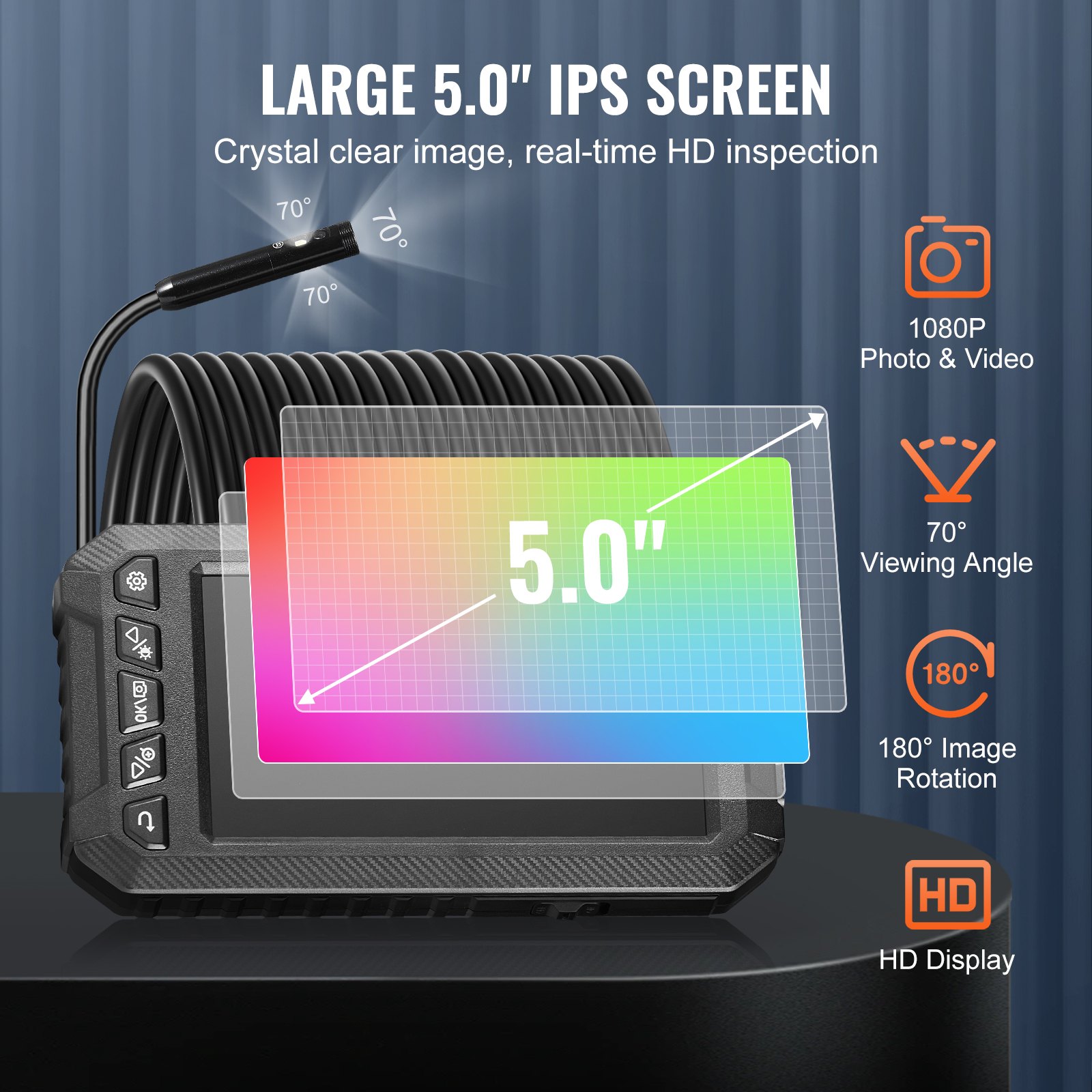 Kamera endoskopowa VEVOR z oświetleniem, potrójny obiektyw, boroskop z półsztywnym kablem 15 m, ekran 12,7 cm, kamera inspekcyjna 1080P, 8+2 diody LED, wodoodporna kamera typu Snake (IP67) do samochodu, hydraulika (karta 32 GB)