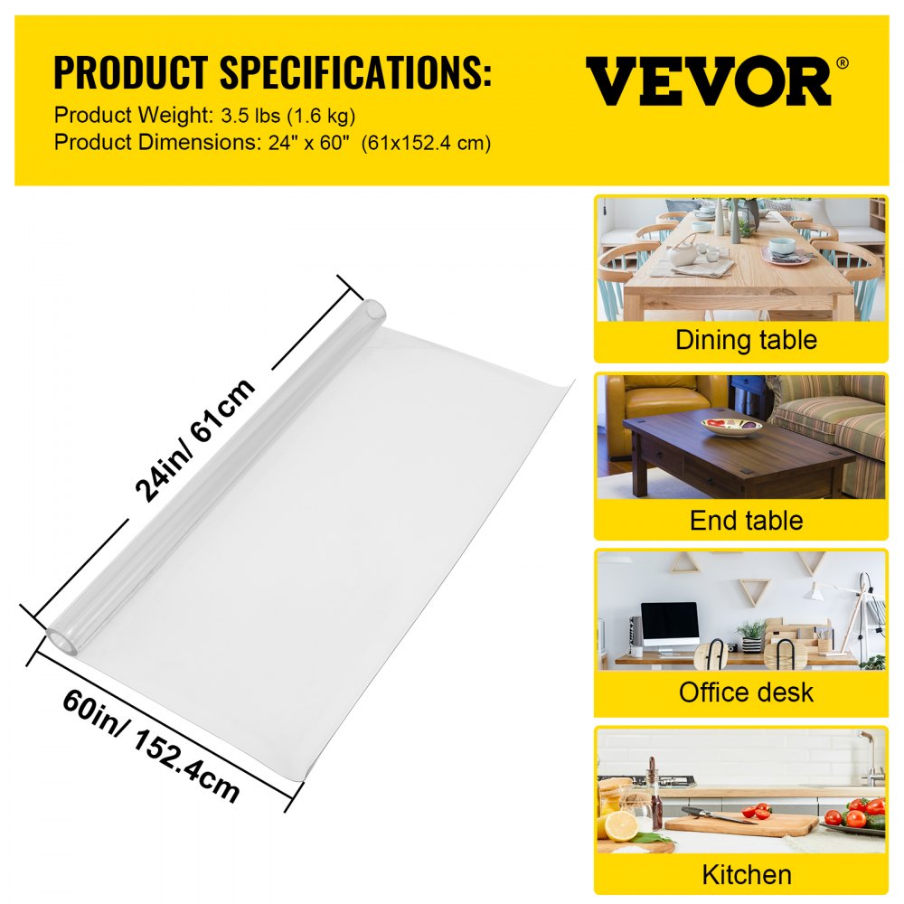 VEVOR Plastic Table Cover 61 x 152.4 cm, 1.5 mm Thick Transparent Table Protector, Rectangular Transparent Desk Mat, Waterproof PVC Table Protector for Office Dresser, Nightstand