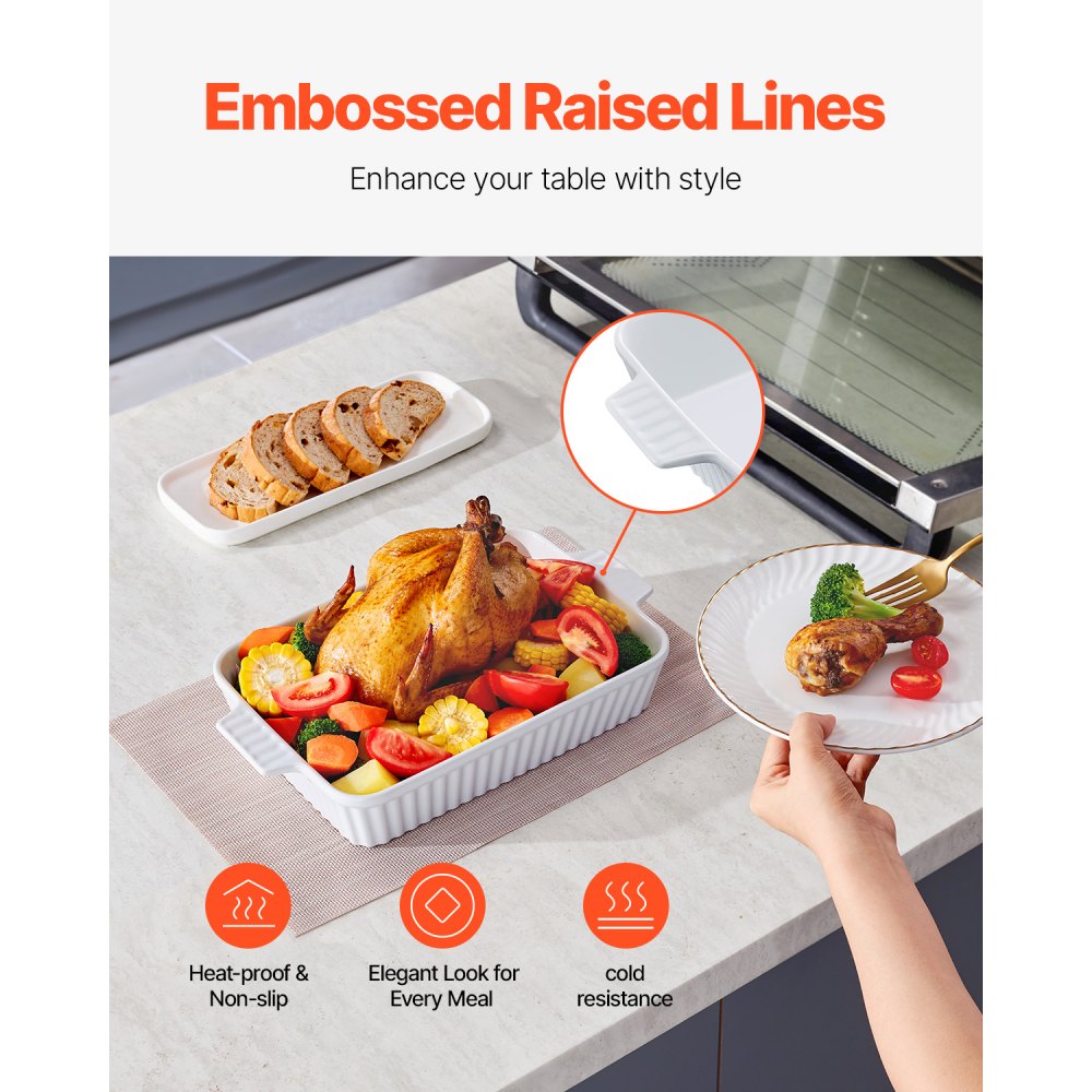 Ceramiczne naczynie do zapiekania VEVOR, duże, prostokątne naczynie do pieczenia o wymiarach 9 x 13 cali z podwójnymi uchwytami, nadające się do piekarnika, głębokie naczynie do zapiekania i serwowania, prezent na Święto Dziękczynienia i Boże Narodzenie, białe