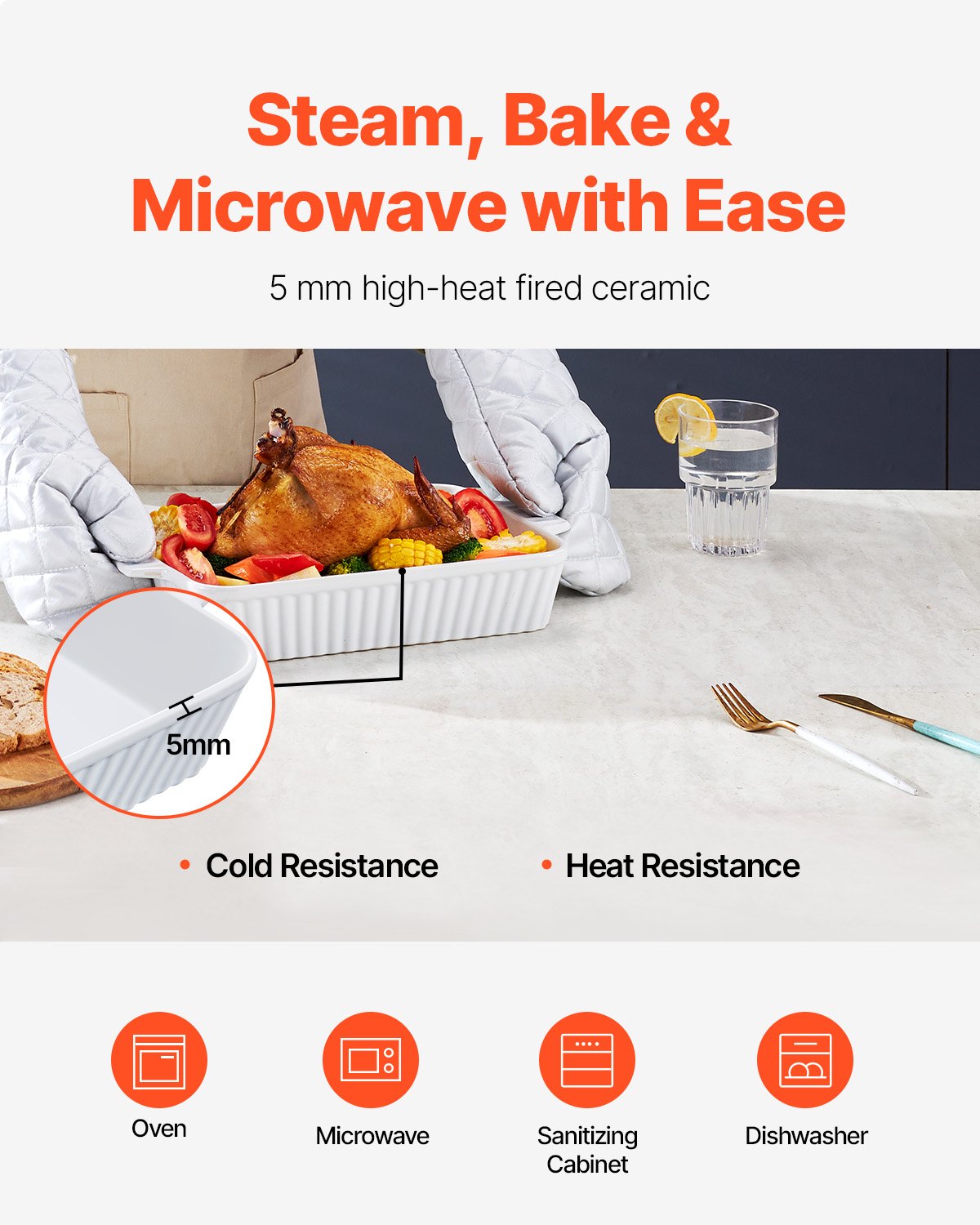 VEVOR Ceramic Casserole Dish, Large, 22.9 x 33 cm, Rectangular Bakeware with Double Handles, Oven Safe, Lasagna Dish, Deep Casserole Dish for Baking and Serving, Thanksgiving and Christmas Gift, White