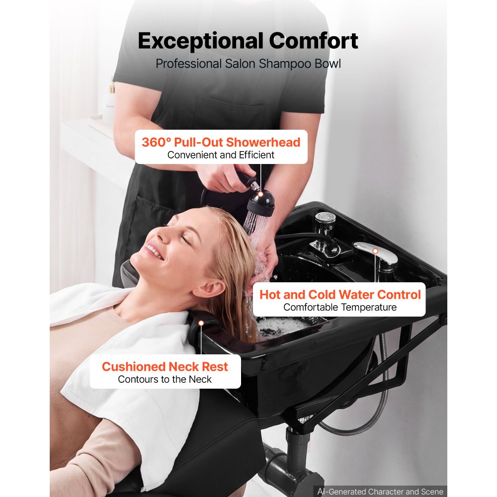 VEVOR Shampoo Bowl Black Ceramic Professional Shampoo Sink with Faucet, for Salons, Hair Stylists & Barber Stores Use, Backwash Basin Beauty Salon Equipment with Drain Hose, Showerhead & Hair Trap