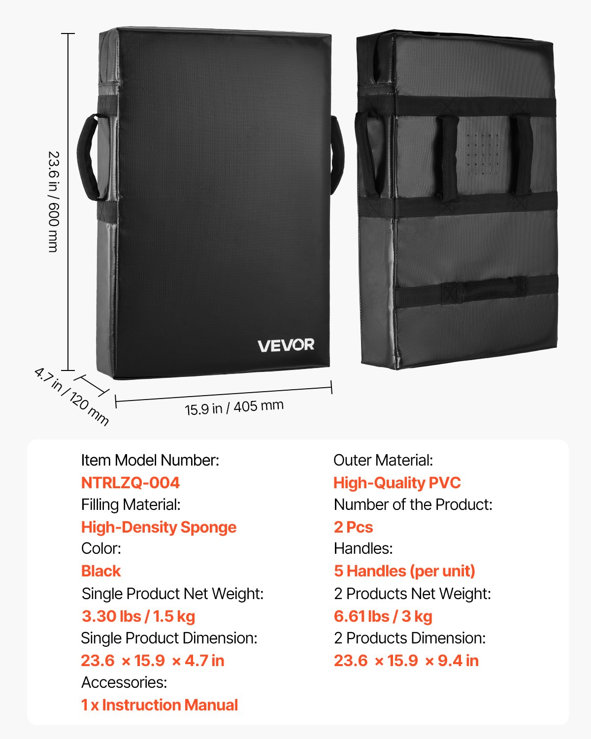 VEVOR Piłkarskie atrapy blokujące (600 x 405 x 120 mm), atrapa do kopania z uchwytami, atrapy do szarż wykonane z gąbki o wysokiej gęstości, sprzęt treningowy do koszykówki, hokeja, lacrosse'a, 2 sztuki