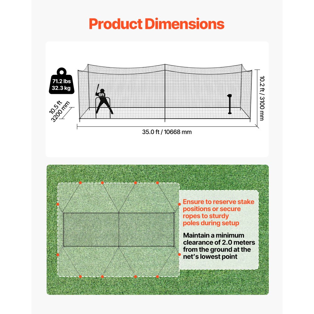 VEVOR Baseball Batting Cage, 10668 x 3200 x 3100mm Freestanding Portable Batting Cage, Hitting Cages with 45-Ply Knotted HDPE & Long Positioning Ropes, Battings Cages Netting for Indoor Outdoor