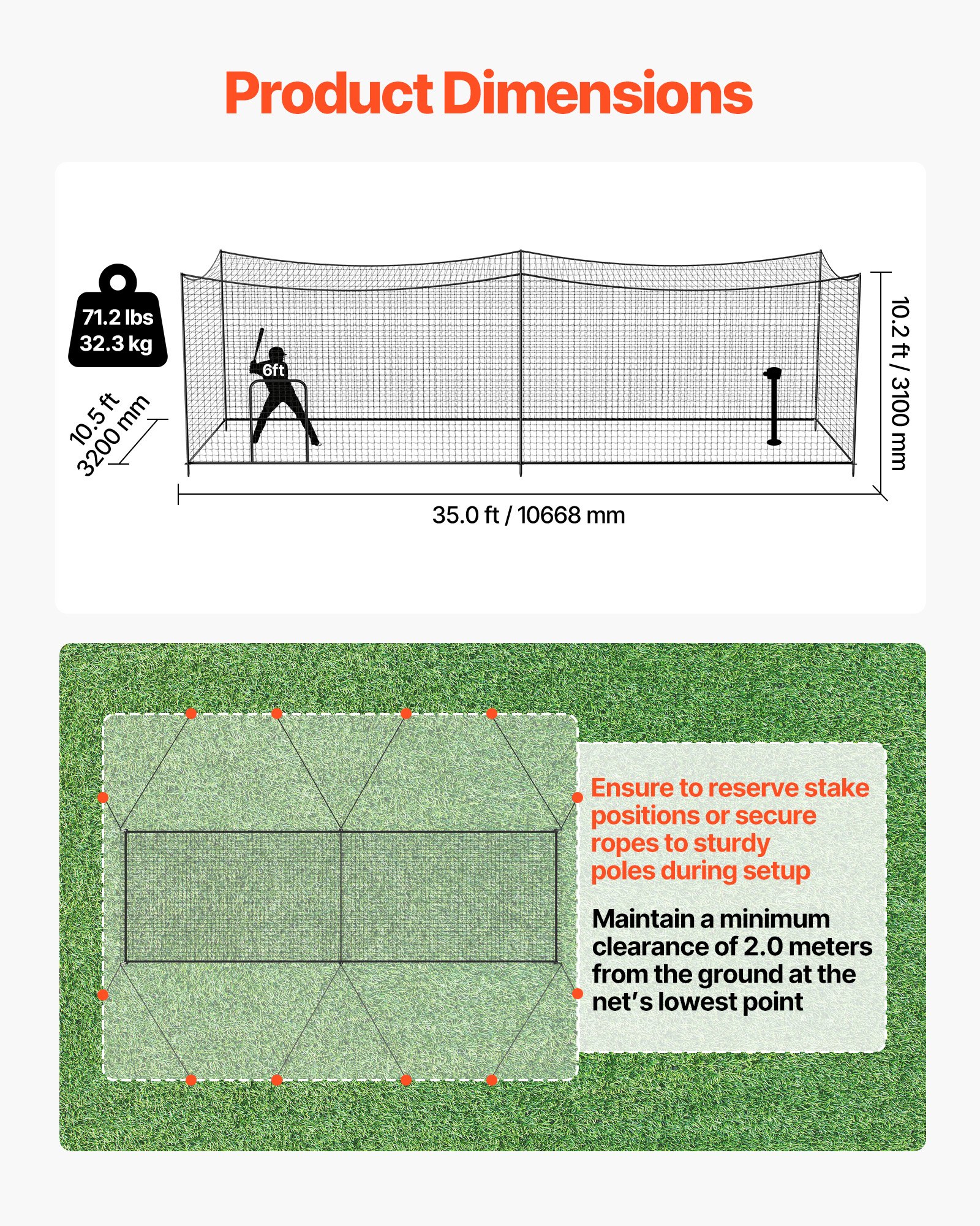 VEVOR Baseball Batting Cage, 10668 x 3200 x 3100mm Freestanding Portable Batting Cage, Hitting Cages with 45-Ply Knotted HDPE & Long Positioning Ropes, Battings Cages Netting for Indoor Outdoor