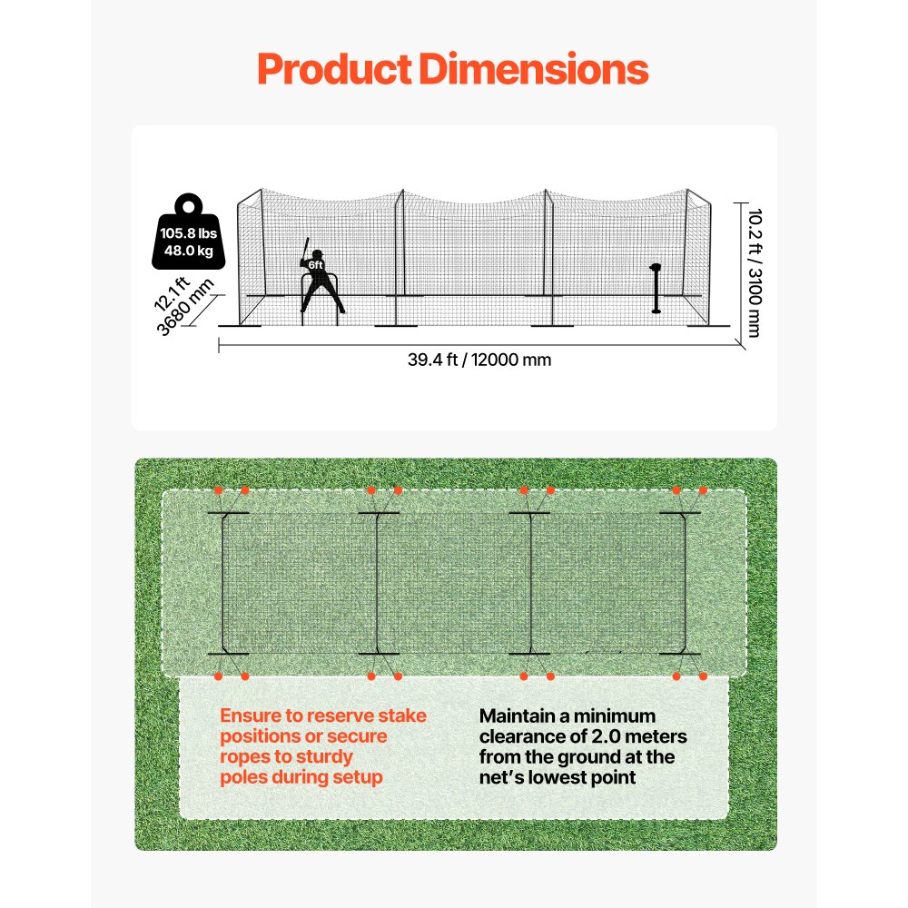 VEVOR Baseball Batting Cage, 12000 x 3680 x 3100mm Freestanding Portable Batting Cage, Hitting Cages with 45-Ply Knotted HDPE & Long Positioning Ropes, Battings Cages Netting for Indoor Outdoor