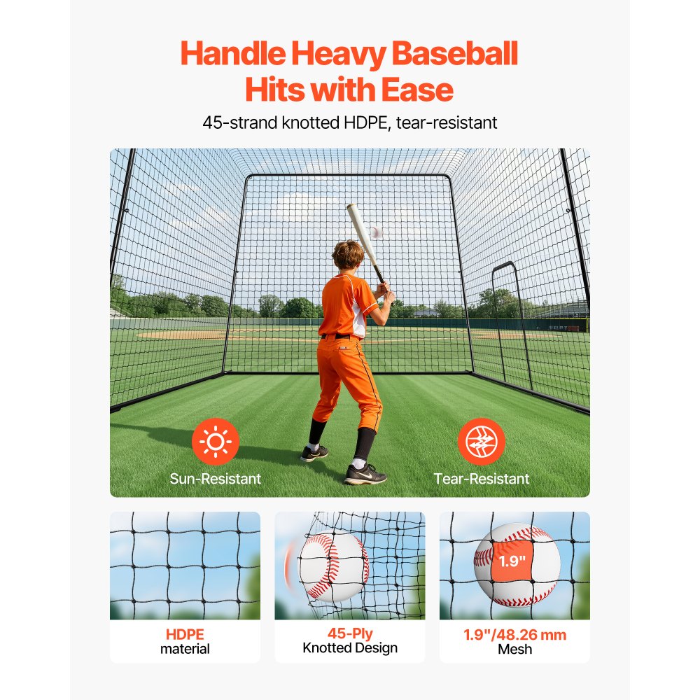 Siatka treningowa do klatki baseballowej VEVOR 1200x368x310 cm z 45-warstwową i wiązaną tkaniną HDPE oraz długimi linami pozycjonującymi, w tym siatka treningowa do klatki do softballu