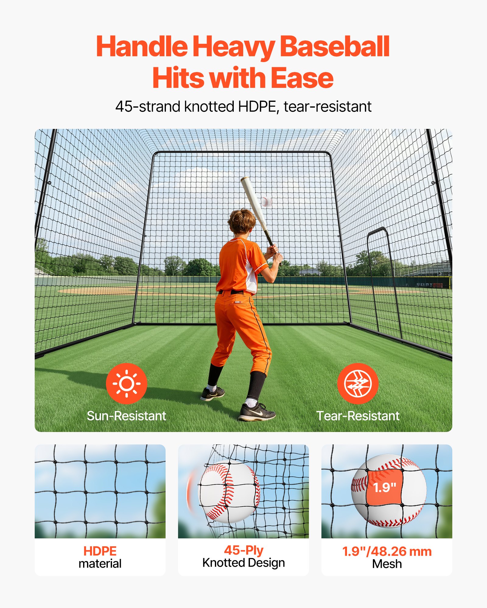 VEVOR Baseball Batting Cage, 12000 x 3680 x 3100mm Freestanding Portable Batting Cage, Hitting Cages with 45-Ply Knotted HDPE & Long Positioning Ropes, Battings Cages Netting for Indoor Outdoor