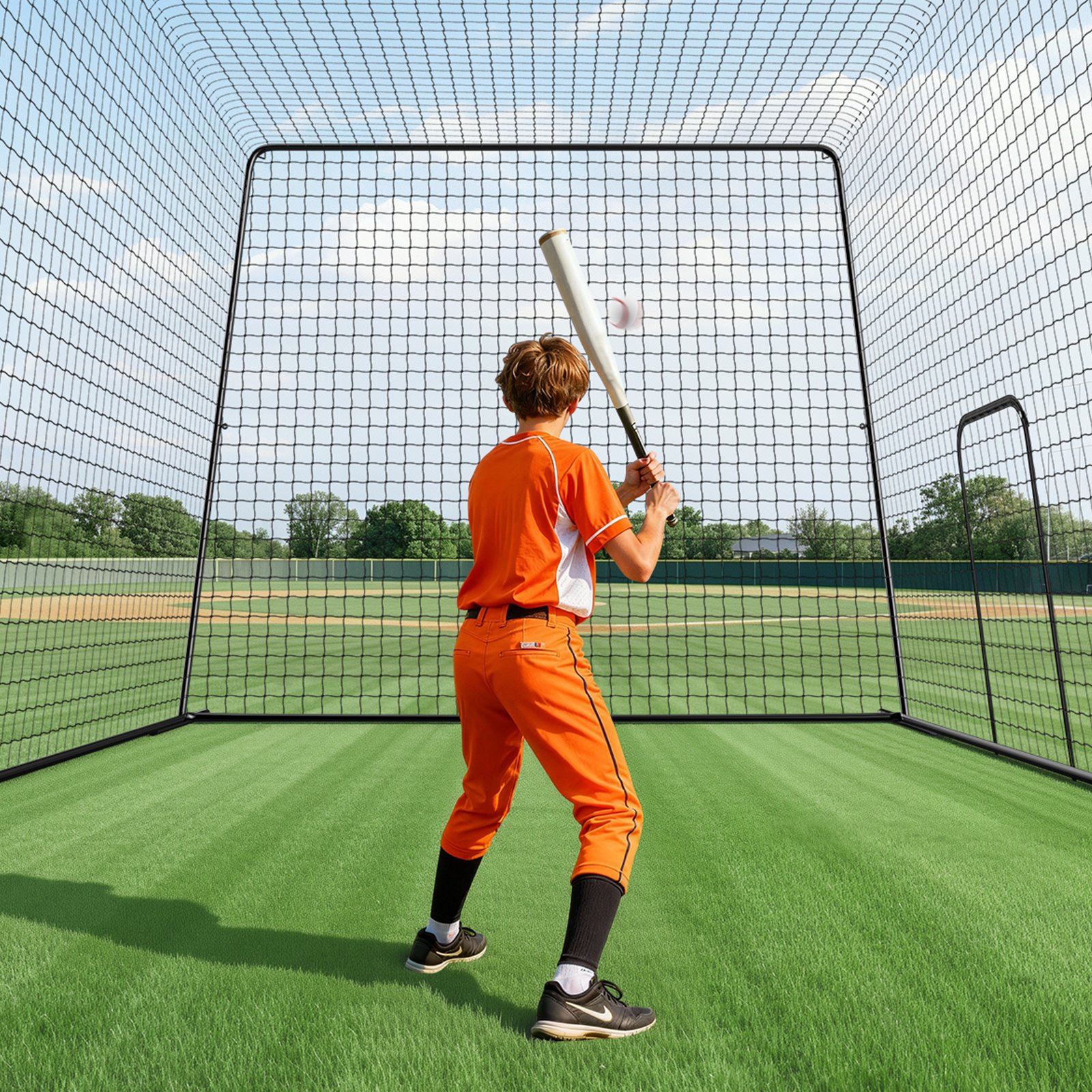 Siatka treningowa do klatki baseballowej VEVOR 1200x368x310 cm z 45-warstwową i wiązaną tkaniną HDPE oraz długimi linami pozycjonującymi, w tym siatka treningowa do klatki do softballu