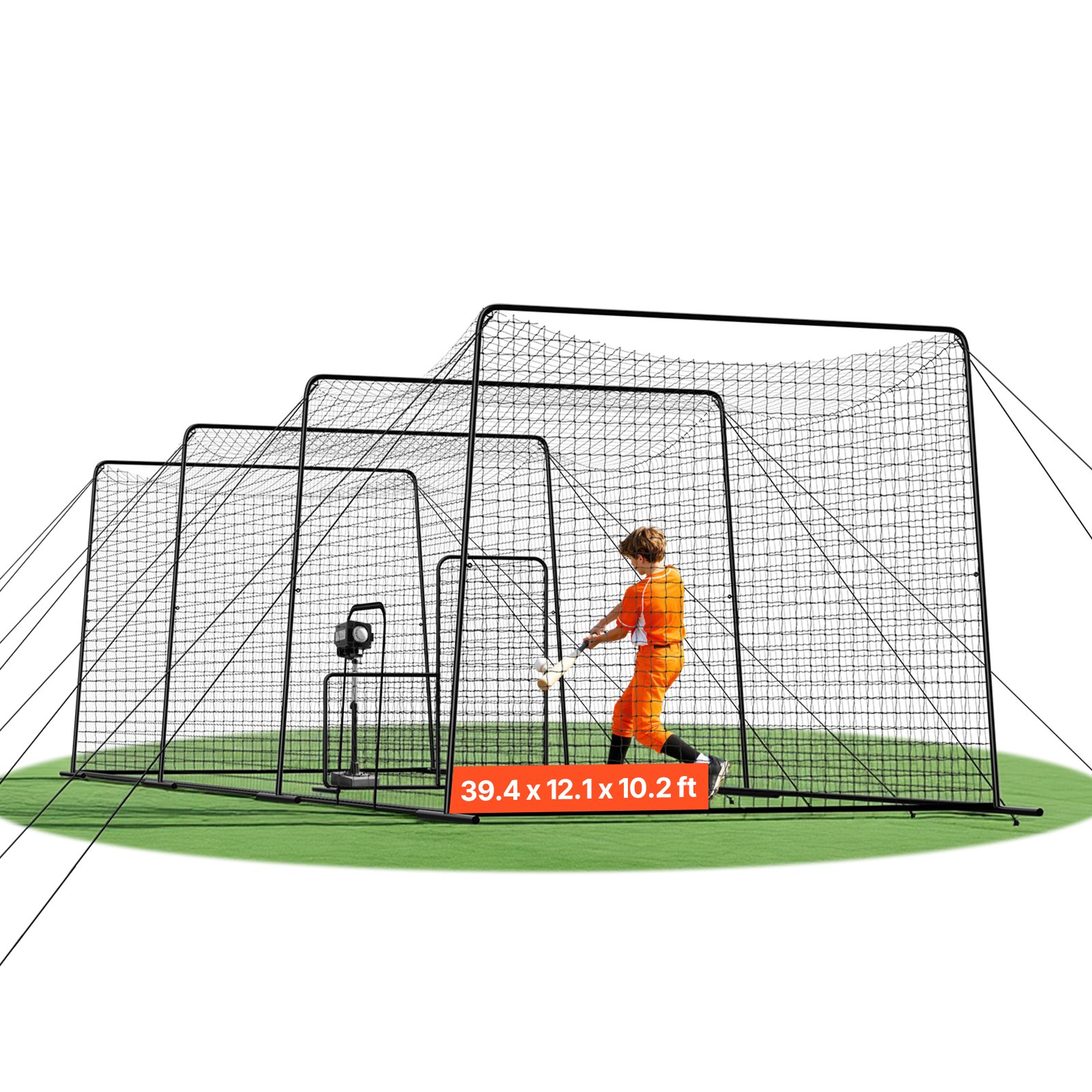 Siatka treningowa do klatki baseballowej VEVOR 1200x368x310 cm z 45-warstwową i wiązaną tkaniną HDPE oraz długimi linami pozycjonującymi, w tym siatka treningowa do klatki do softballu