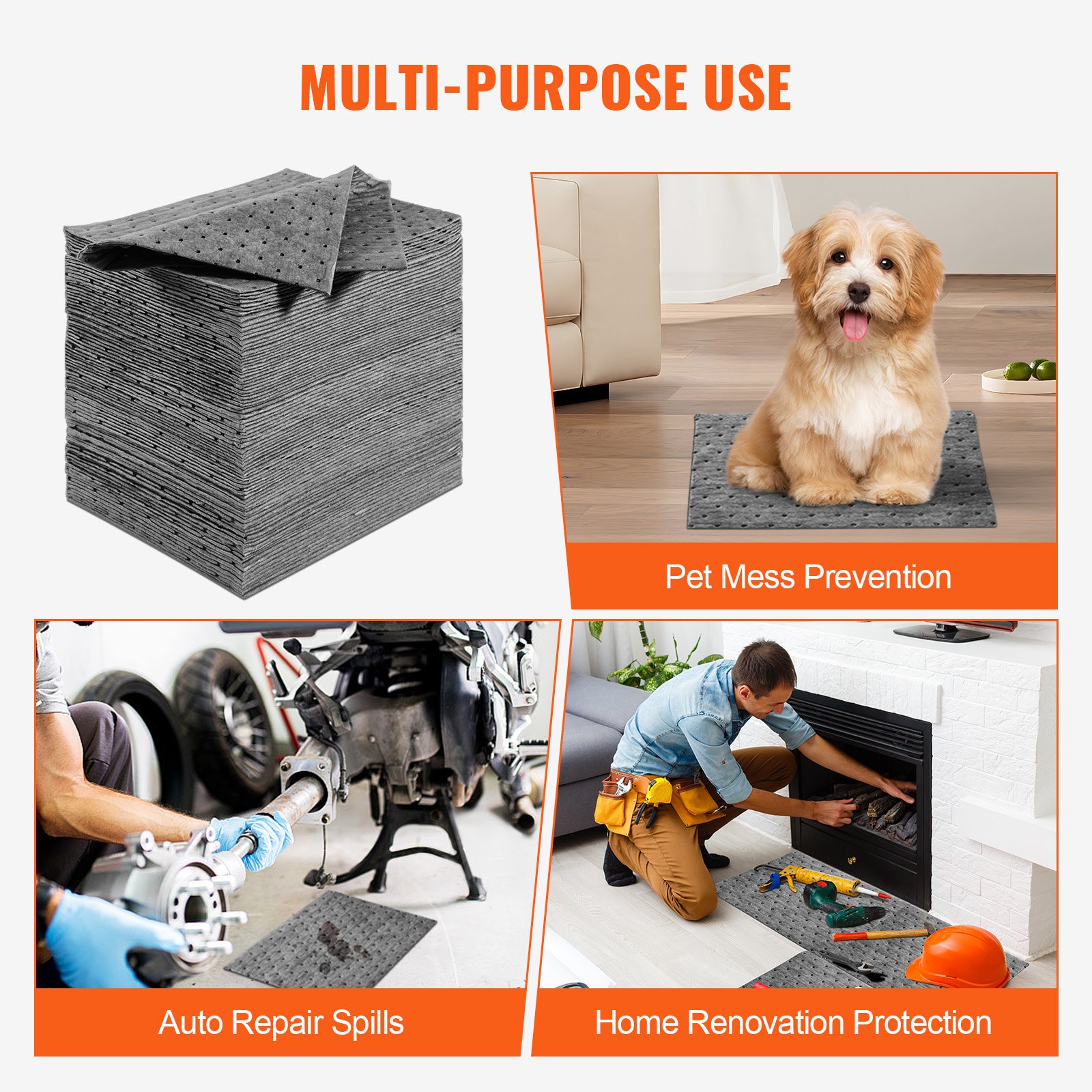 VEVOR Absorbent Pads, Water-Absorbing Mat in Dispenser Box, 100 pcs. Water-absorbing mats 330 x 250 x 3.5 mm, polypropylene absorbent pads for water, gray, 12 gal capacity