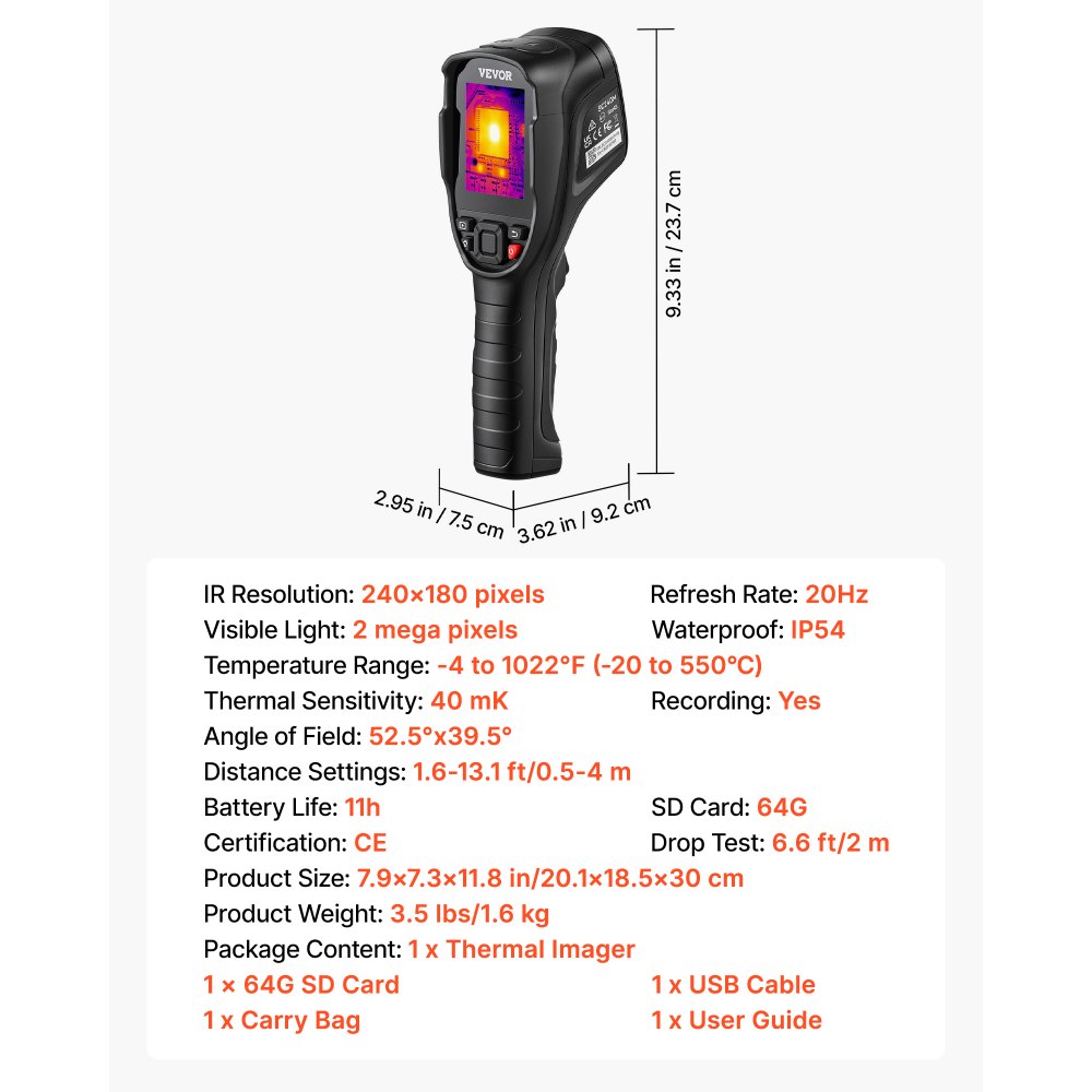VEVOR Przenośna kamera termowizyjna o rozdzielczości 240x180 IR Kamera na podczerwień Termometr 40mK Kamera termograficzna -20-550°C Kamera termowizyjna Identyfikacja dzikich zwierząt Punkty pod napięciem Brak izolacji
