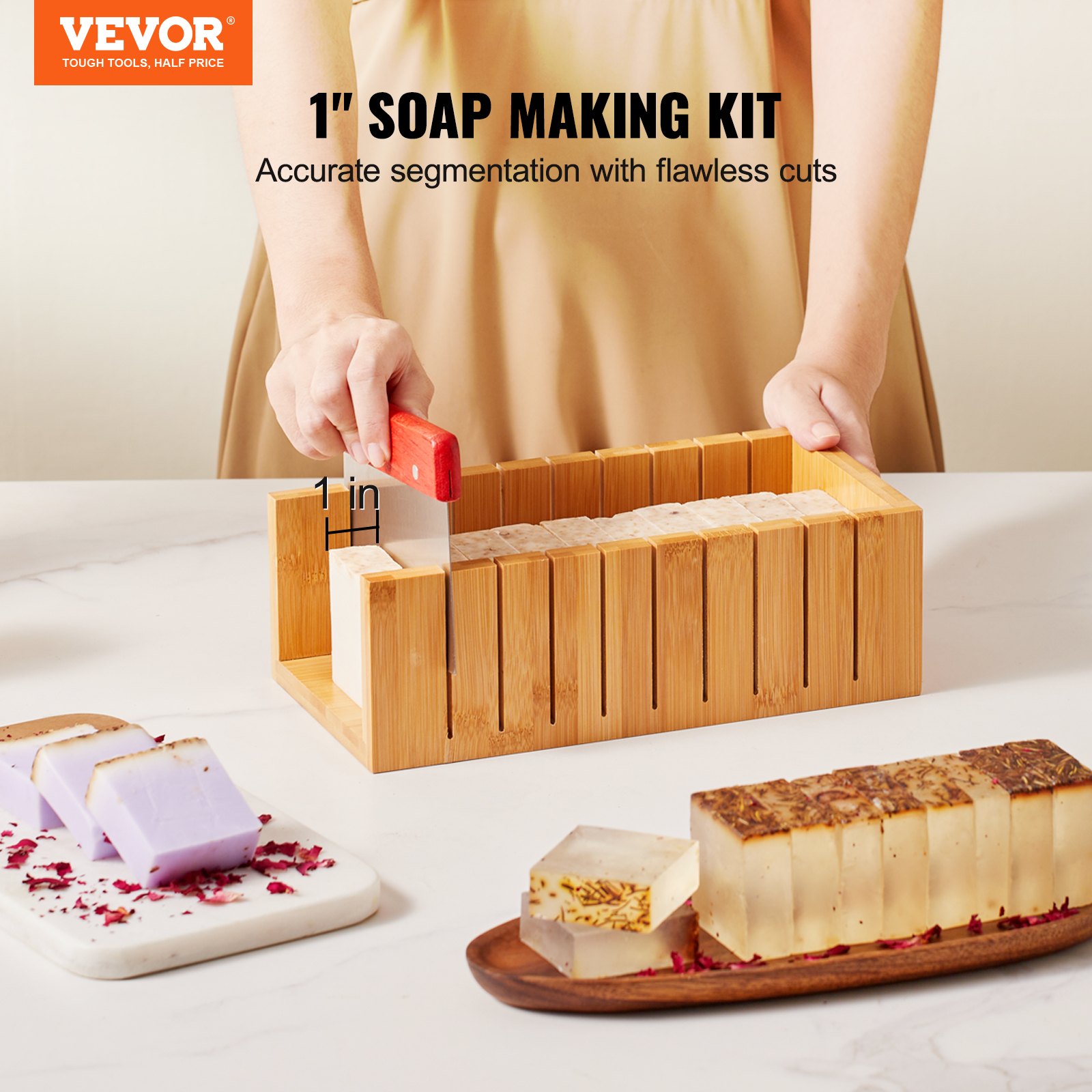 VEVOR Soap Cutter Set, Make Your Own Soap, 1301 mL, Silicone Soap Making Kit, DIY Soap Making Handmade Soap Set, Rectangular Silicone Soap Mold with Bamboo Box 278 x 142 x 93 mm