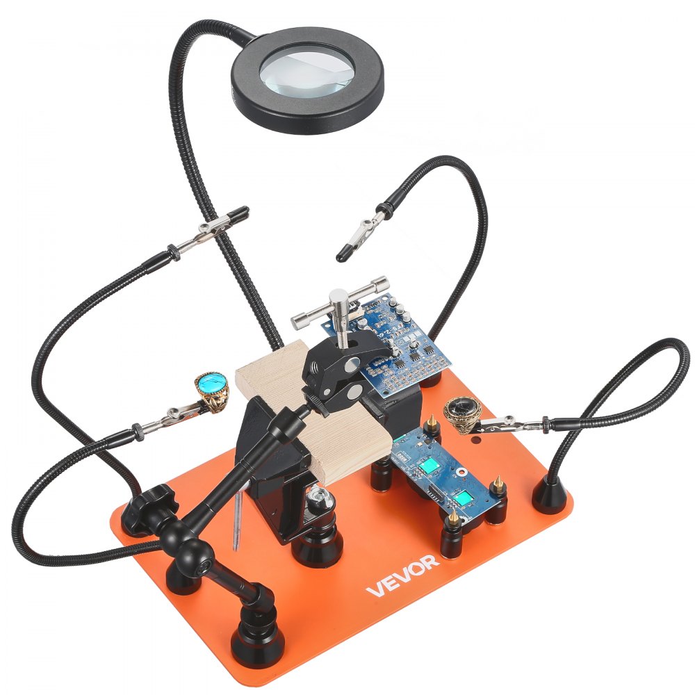 VEVOR Soldering Aid Third Hand, magnetyczna stacja lutownicza z 3-krotną lampą powiększającą LED, 4 uchwytami na płytki drukowane i uchwytem na pistolet na gorące powietrze 360 ​​stopni, stacja bazowa do napraw, rękodzieła i hobby