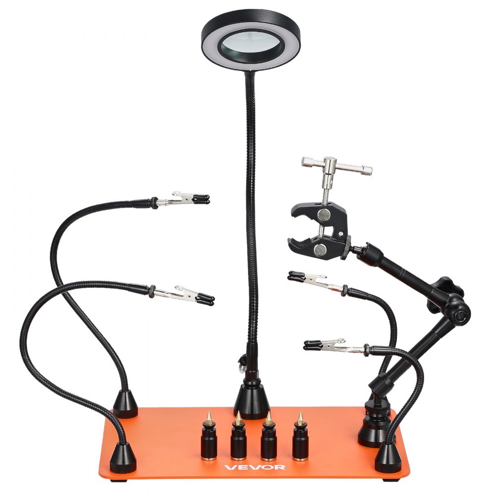 VEVOR Soldering Aid Third Hand, magnetyczna stacja lutownicza z 3-krotną lampą powiększającą LED, 4 uchwytami na płytki drukowane i uchwytem na pistolet na gorące powietrze 360 ​​stopni, stacja bazowa do napraw, rękodzieła i hobby