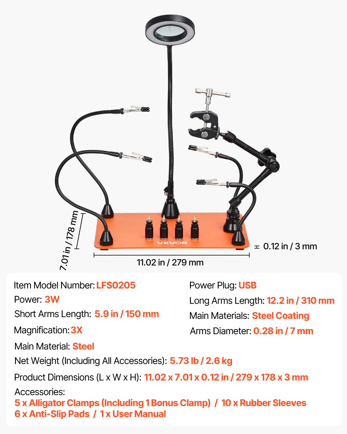 VEVOR Soldering Aid Third Hand, magnetyczna stacja lutownicza z 3-krotną lampą powiększającą LED, 4 uchwytami na płytki drukowane i uchwytem na pistolet na gorące powietrze 360 ​​stopni, stacja bazowa do napraw, rękodzieła i hobby
