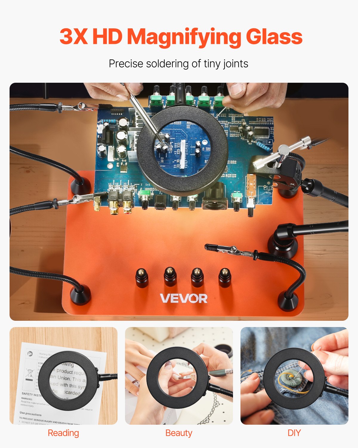 VEVOR Soldering Aid Third Hand, magnetyczna stacja lutownicza z 3-krotną lampą powiększającą LED, 4 uchwytami na płytki drukowane i uchwytem na pistolet na gorące powietrze 360 ​​stopni, stacja bazowa do napraw, rękodzieła i hobby