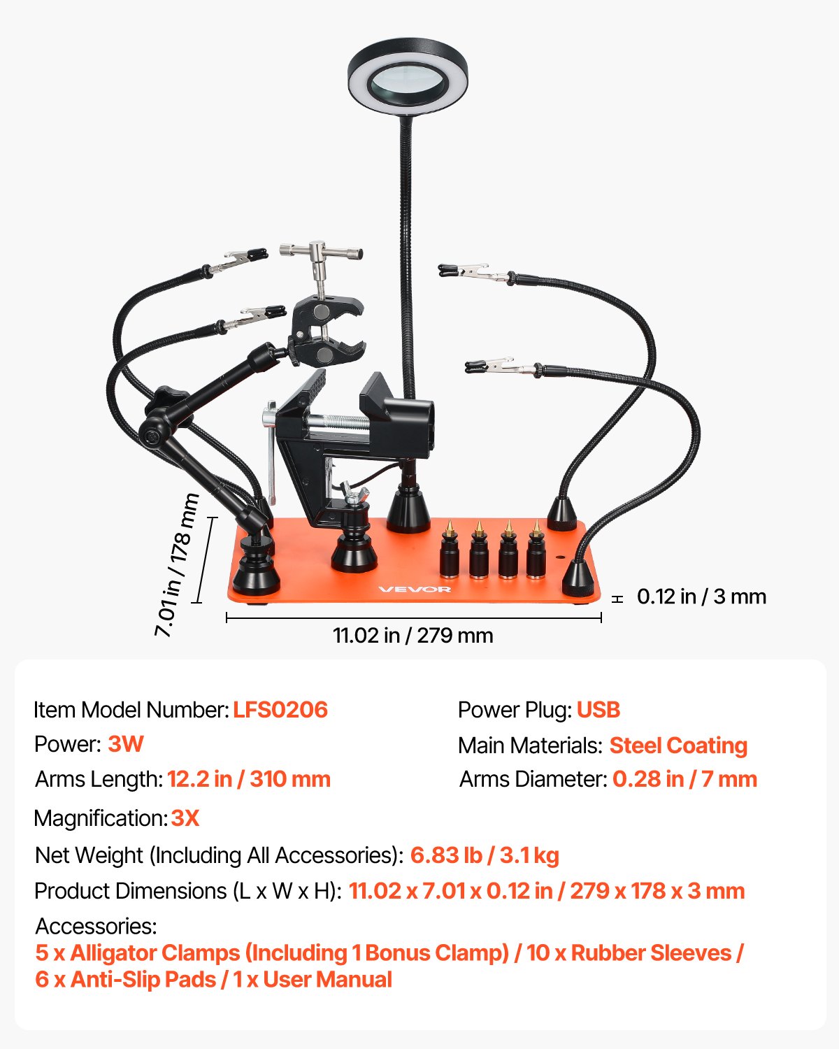 VEVOR Soldering Aid Third Hand, magnetyczna stacja lutownicza, 4-ramienne narzędzie ręczne z imadłem, 3-krotną lampą powiększającą LED, 4 uchwytami na płytki PCB i uchwytem na pistolet na gorące powietrze 360 ​​stopni