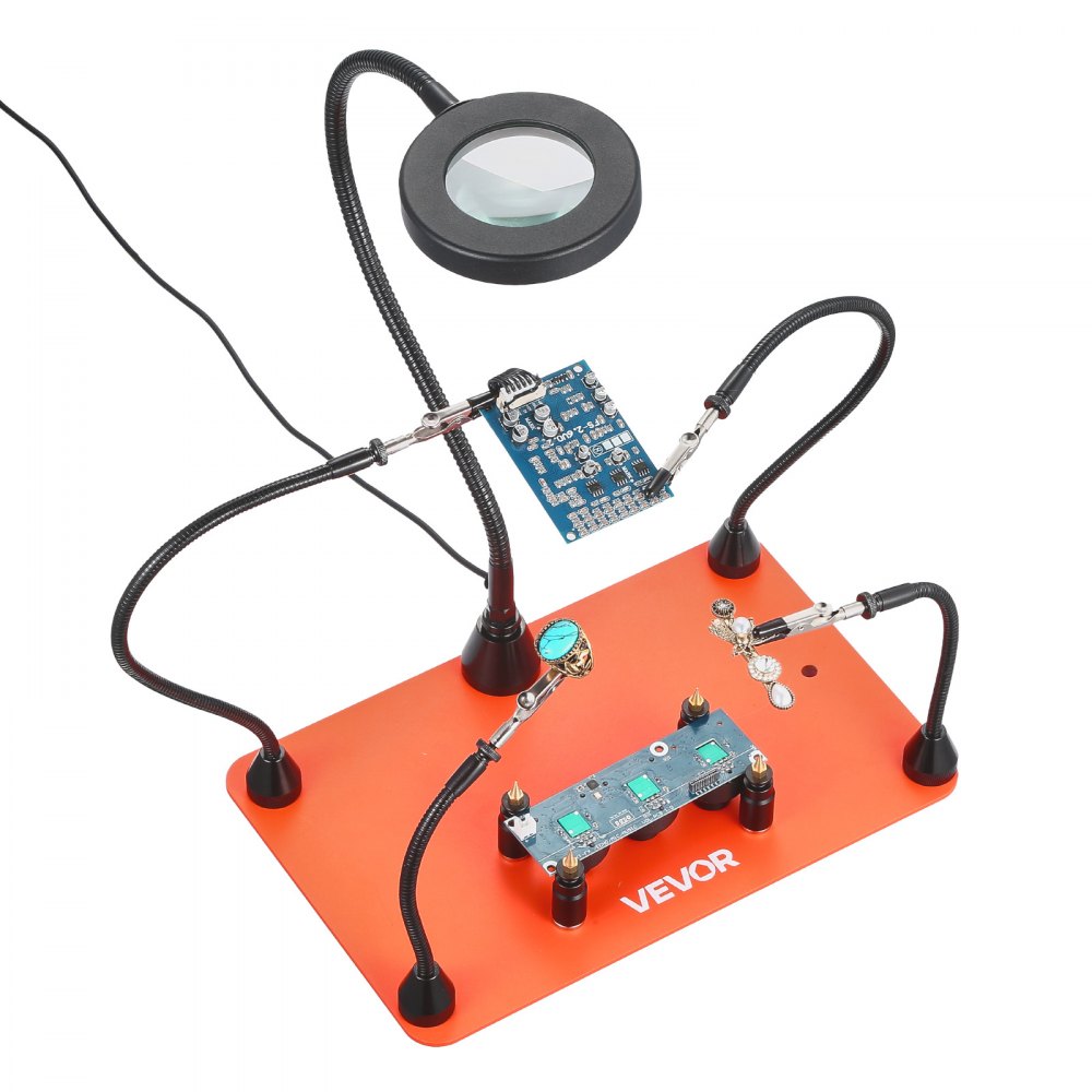 VEVOR Soldering Aid Third Hand, magnetyczna stacja lutownicza, narzędzie lutownicze z 4 giętkimi ramionami, z lampą powiększającą LED, 4 uchwyty na kolumny PCB i podstawa, do napraw, rękodzieła, hobby, majsterkowania