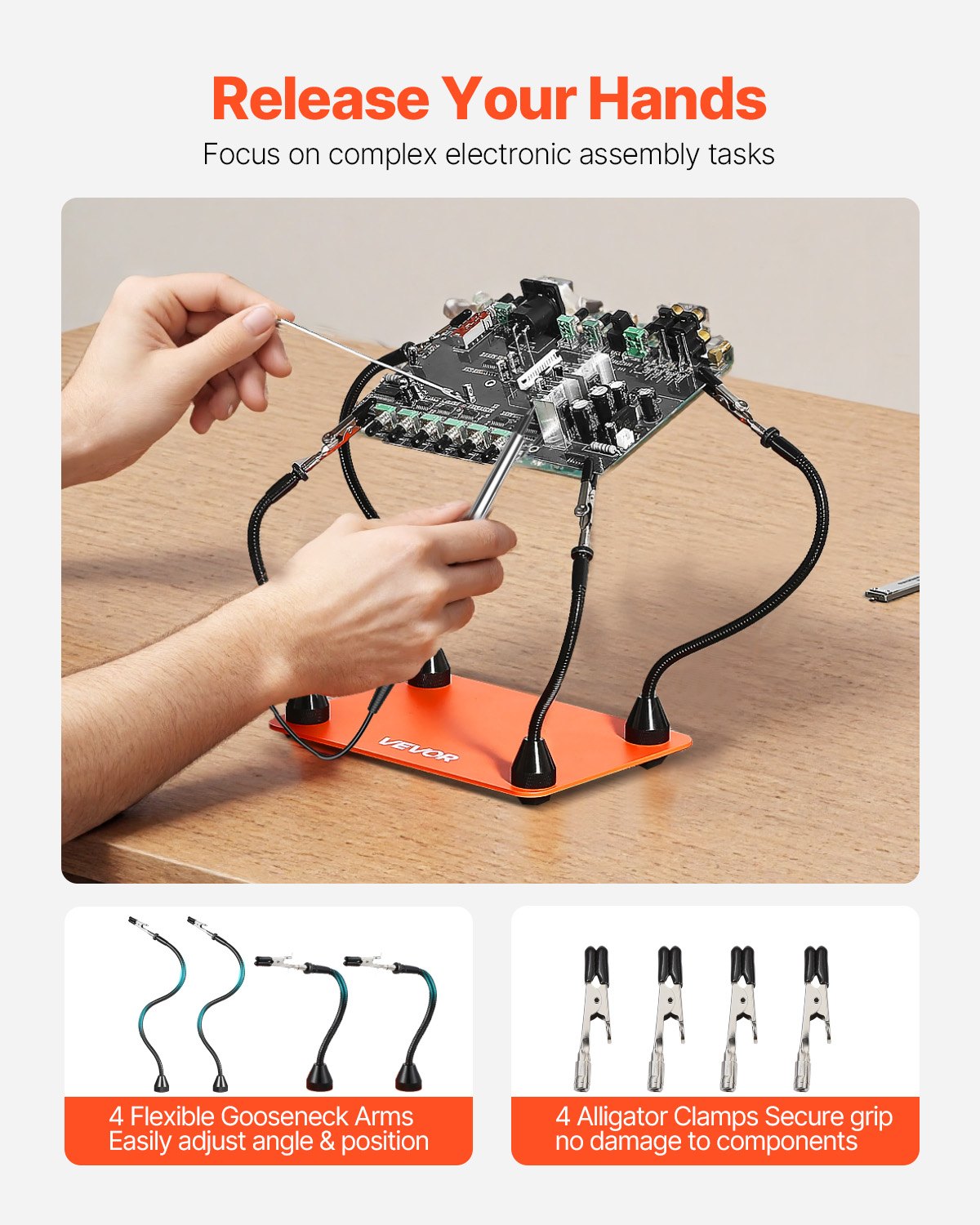 VEVOR Soldering Aid Third Hand, magnetyczna stacja lutownicza, 4 elastyczne ramiona, z 6 uchwytami na kolumny PCB i uchwytem na pistolet na gorące powietrze 360 ​​stopni, pomocna dłoń do napraw elektronicznych, 279 x 178 x 3 mm