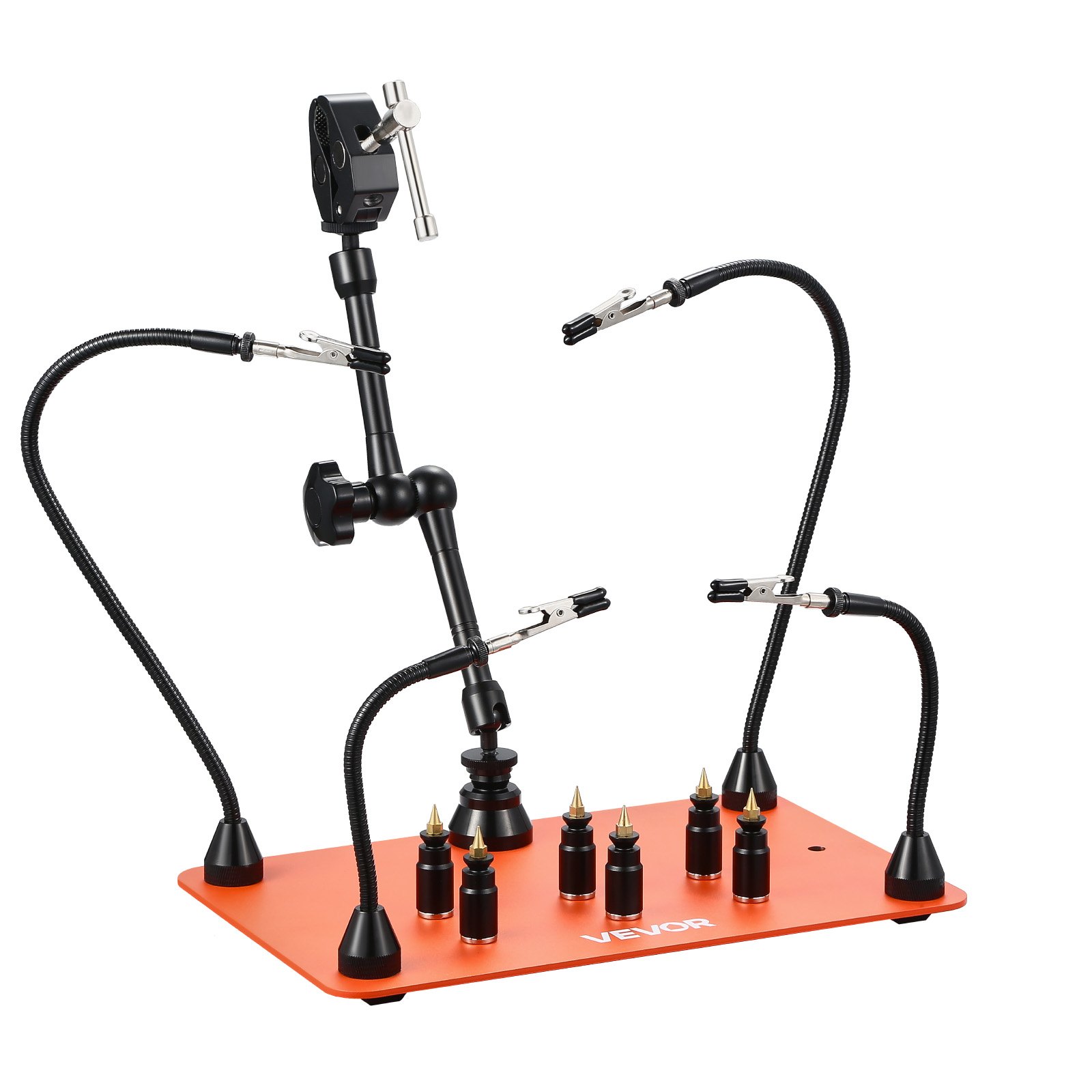 VEVOR Soldering Aid Third Hand, magnetyczna stacja lutownicza, 4 elastyczne ramiona, z 6 uchwytami na kolumny PCB i uchwytem na pistolet na gorące powietrze 360 ​​stopni, pomocna dłoń do napraw elektronicznych, 279 x 178 x 3 mm